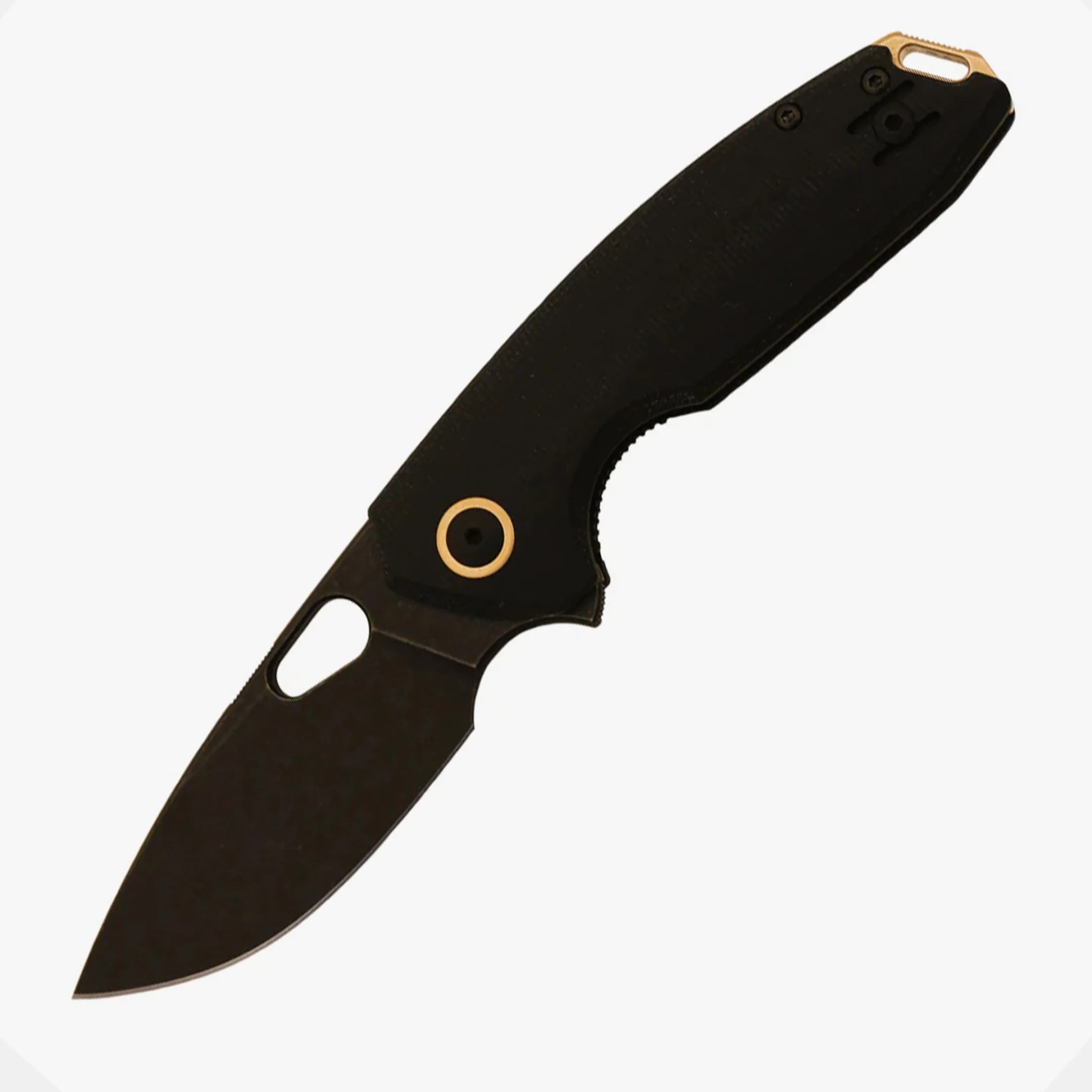 Black folding knife with a partially serrated blade and gold-accented pivot screw.