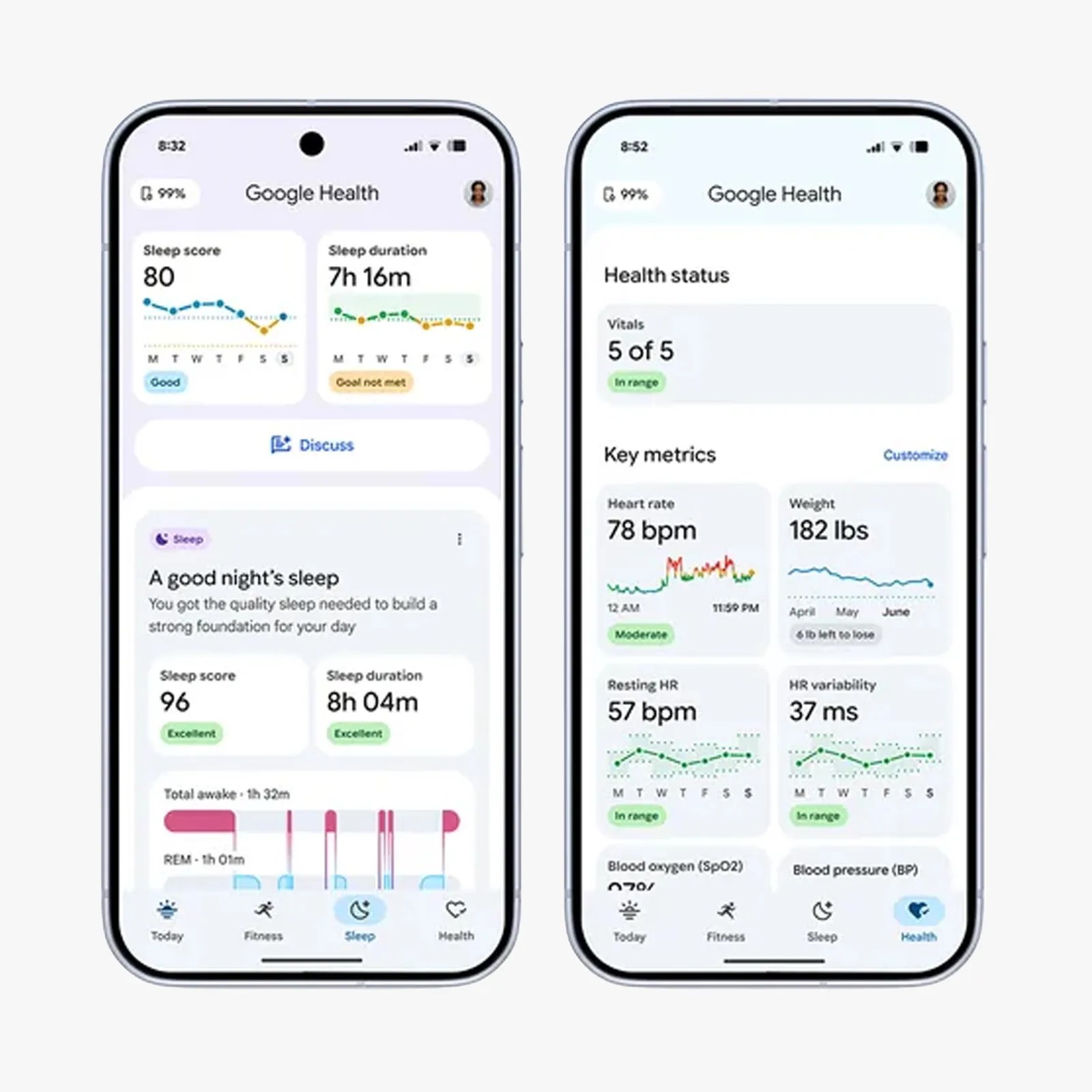 Two smartphones displaying Google Health app screens showing sleep score, duration, health status, heart rate, and weight metrics.