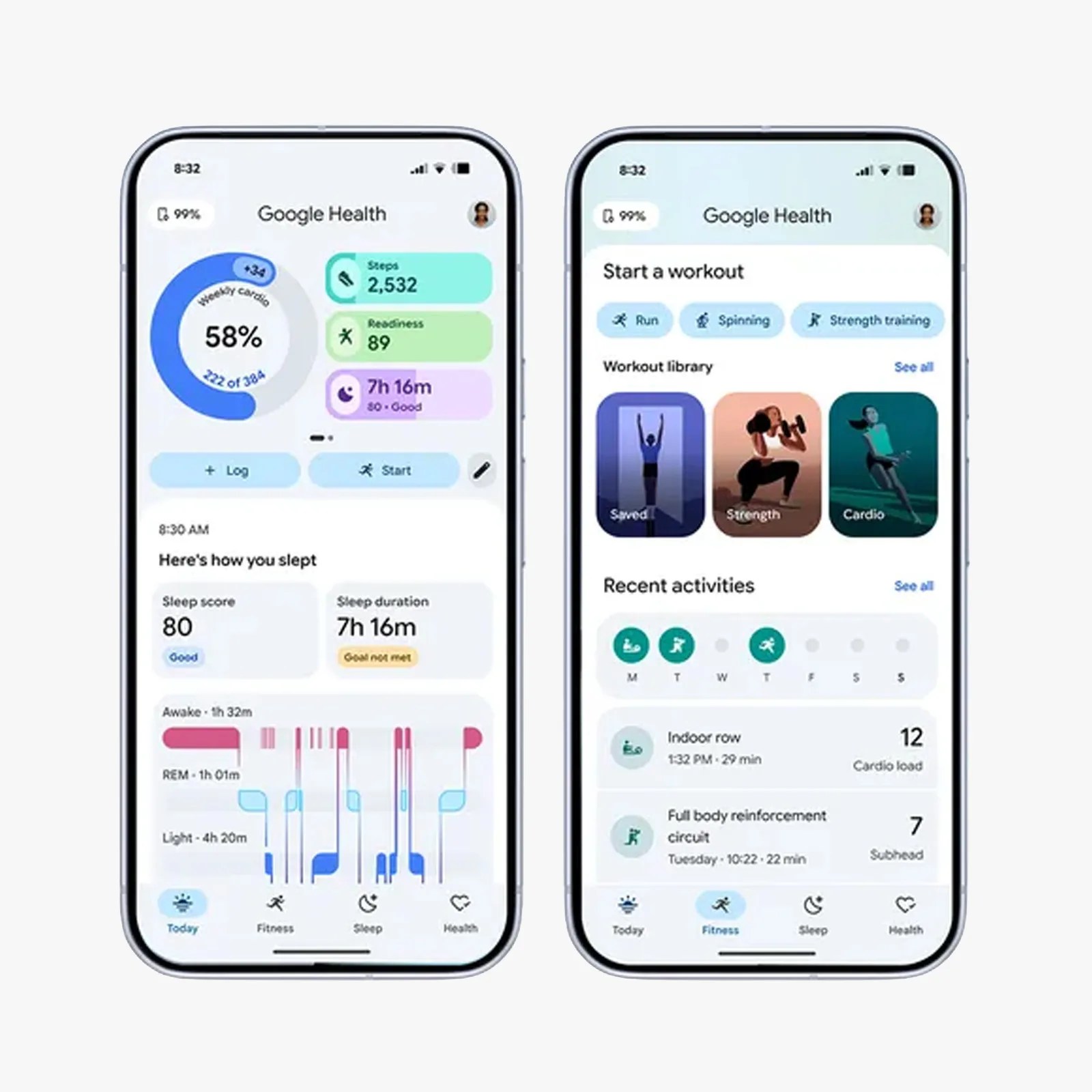 Two smartphones displaying Google Health app screens showing sleep data, workout options, and recent activities.
