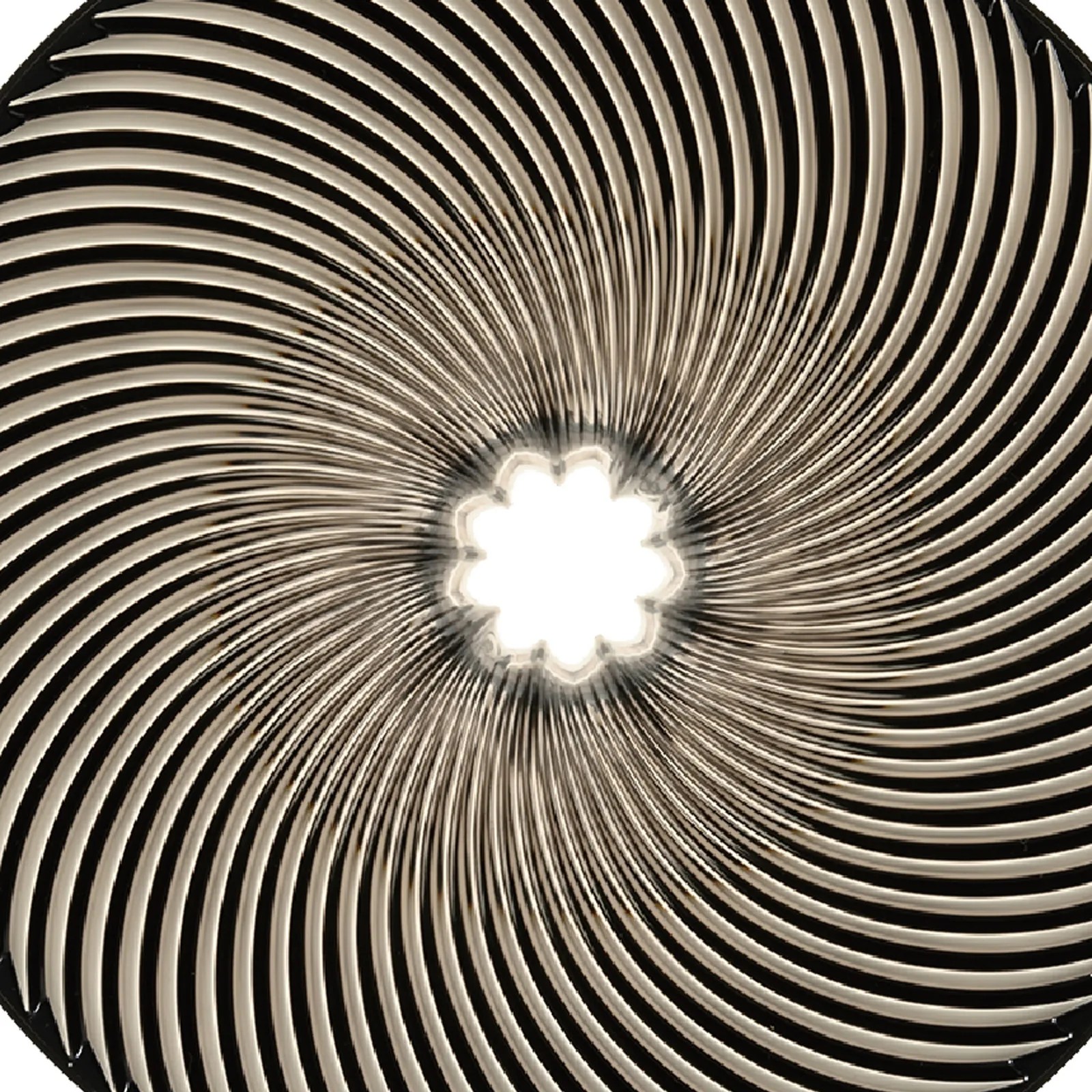 Close-up of a spiral pattern with black and white curved lines radiating from a bright, flower-shaped center.