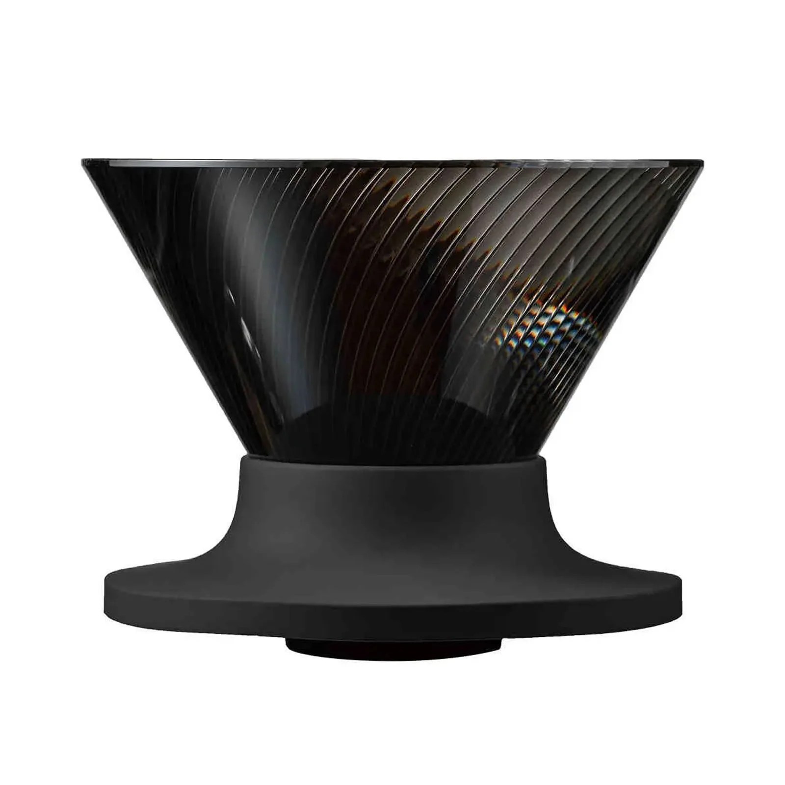 Black conical coffee dripper with spiral ridges and a wide base.