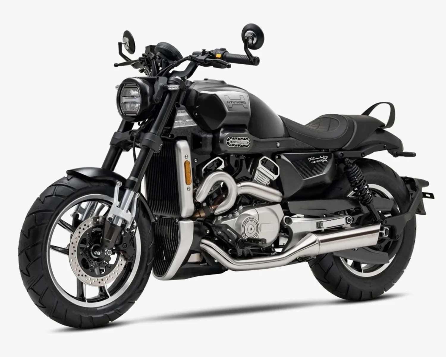 Black and silver Hyosung motorcycle with dual exhaust pipes and round mirrors on a white background.
