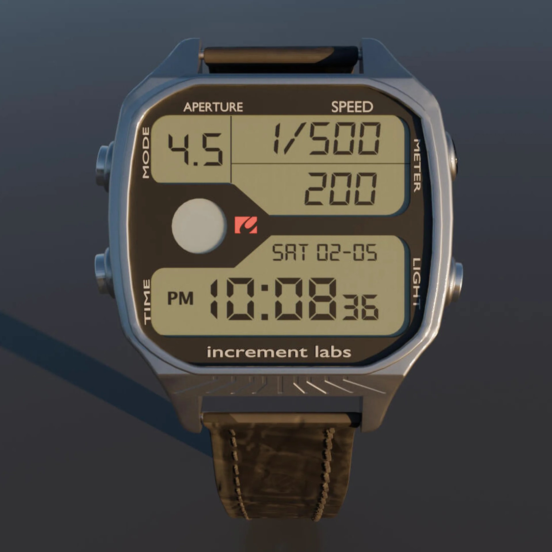 Digital wristwatch with a square face displaying aperture, speed, date, and time, with a brown leather strap.