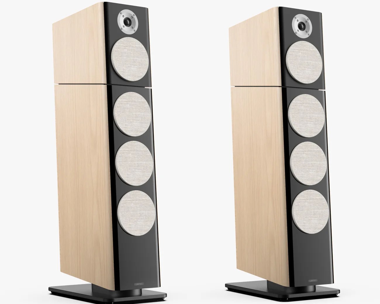 Pair of tall floor-standing speakers with light wood sides, black front panels, and four beige fabric-covered drivers each.