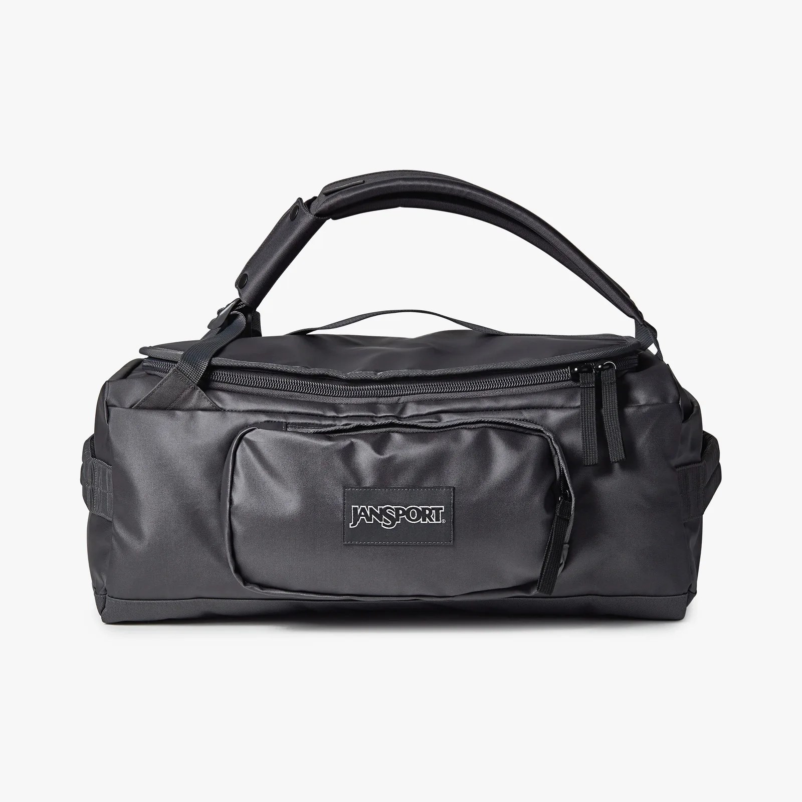 Black Jansport duffel bag with a front zippered pocket and padded handle.