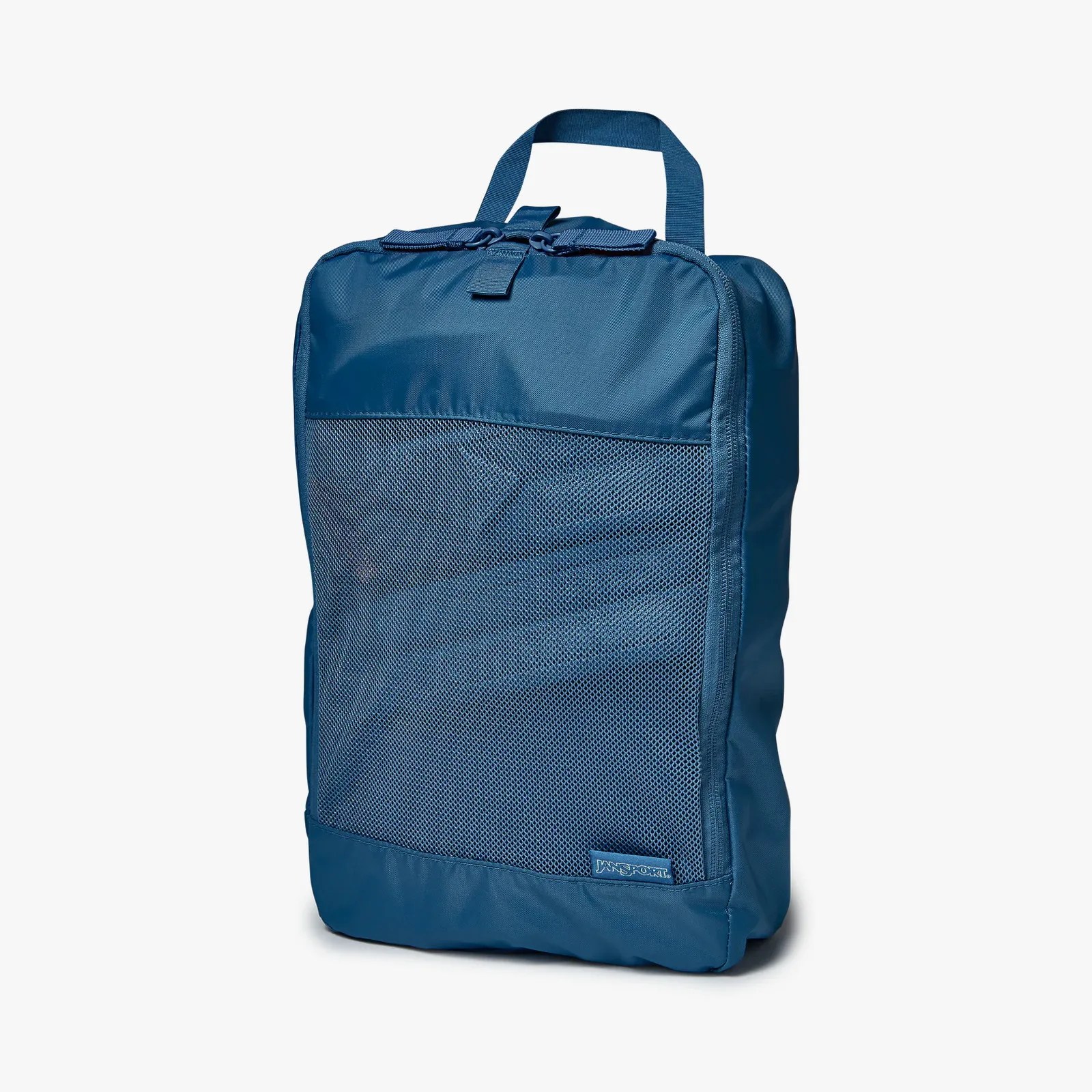 Blue Jansport packing cube with mesh front panel and top handle.