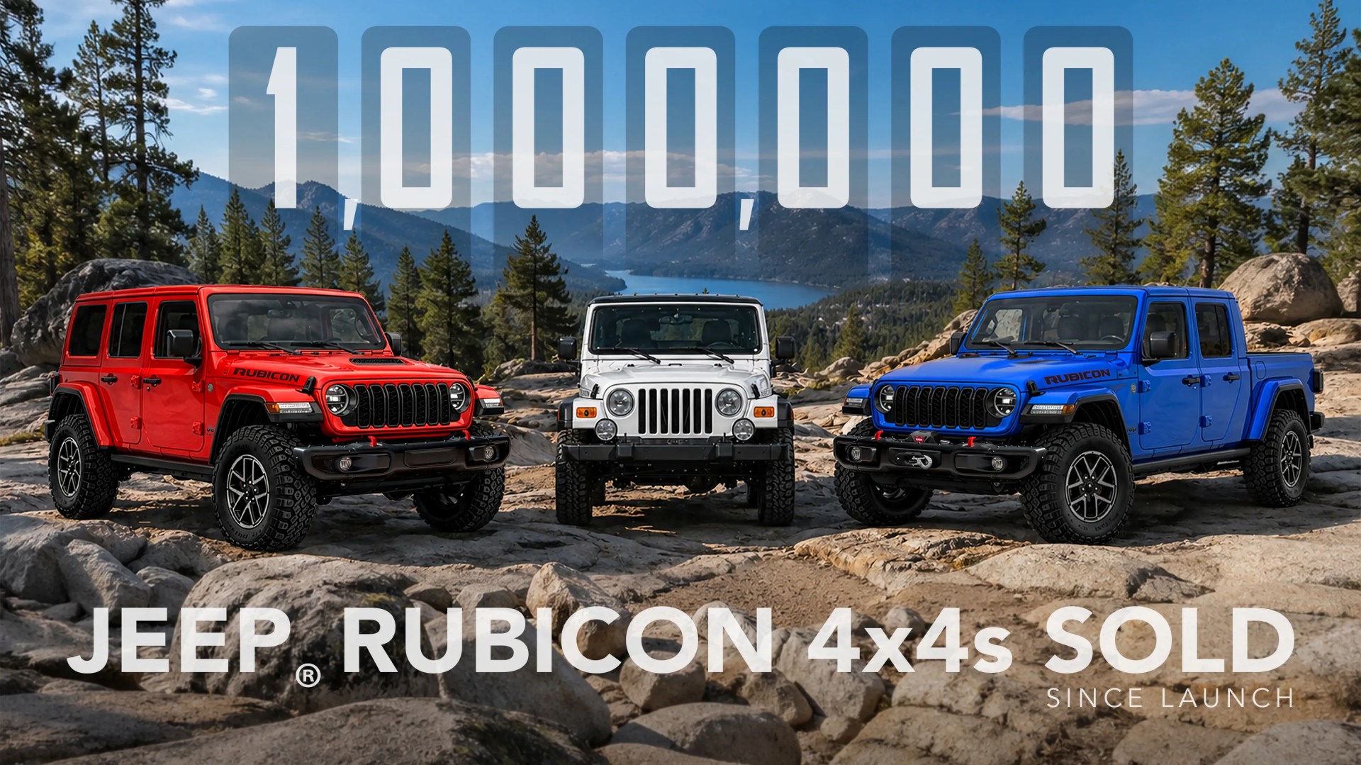 Three Jeep Rubicon 4x4 vehicles in red, white, and blue parked on rocky terrain with mountains and trees in the background, overlaid with text "1,000,000 JEEP RUBICON 4x4s SOLD SINCE LAUNCH.
