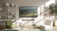 Modern living room with a wall-mounted flat-screen TV, green and white lounge chairs, a wireframe side table, and a potted tree.