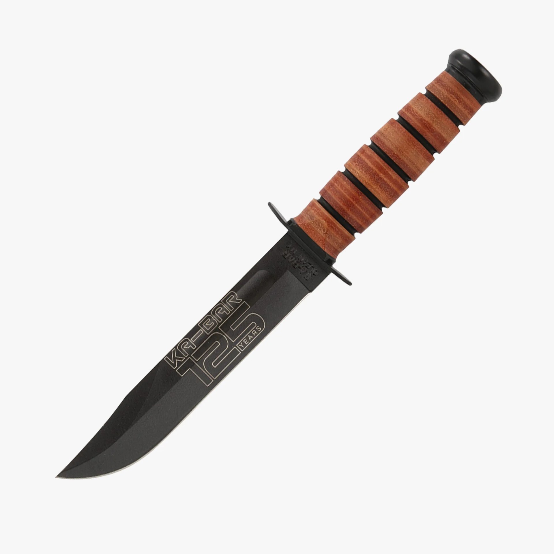 Black KA-BAR knife blade with "125 years" text and stacked brown leather handle with black spacers.