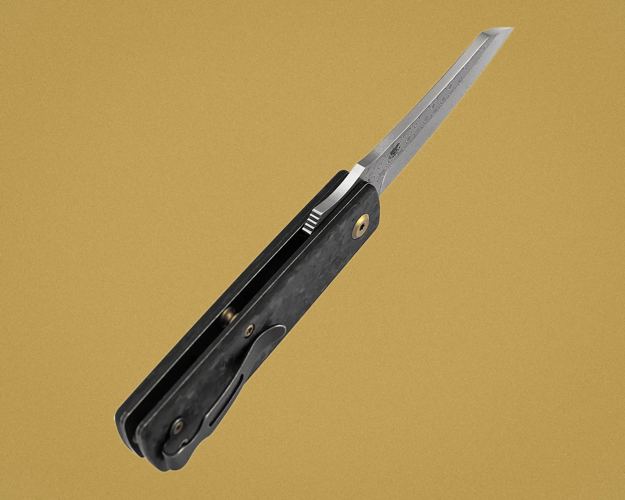 Folding knife with a patterned steel blade and a black textured handle against a tan background.