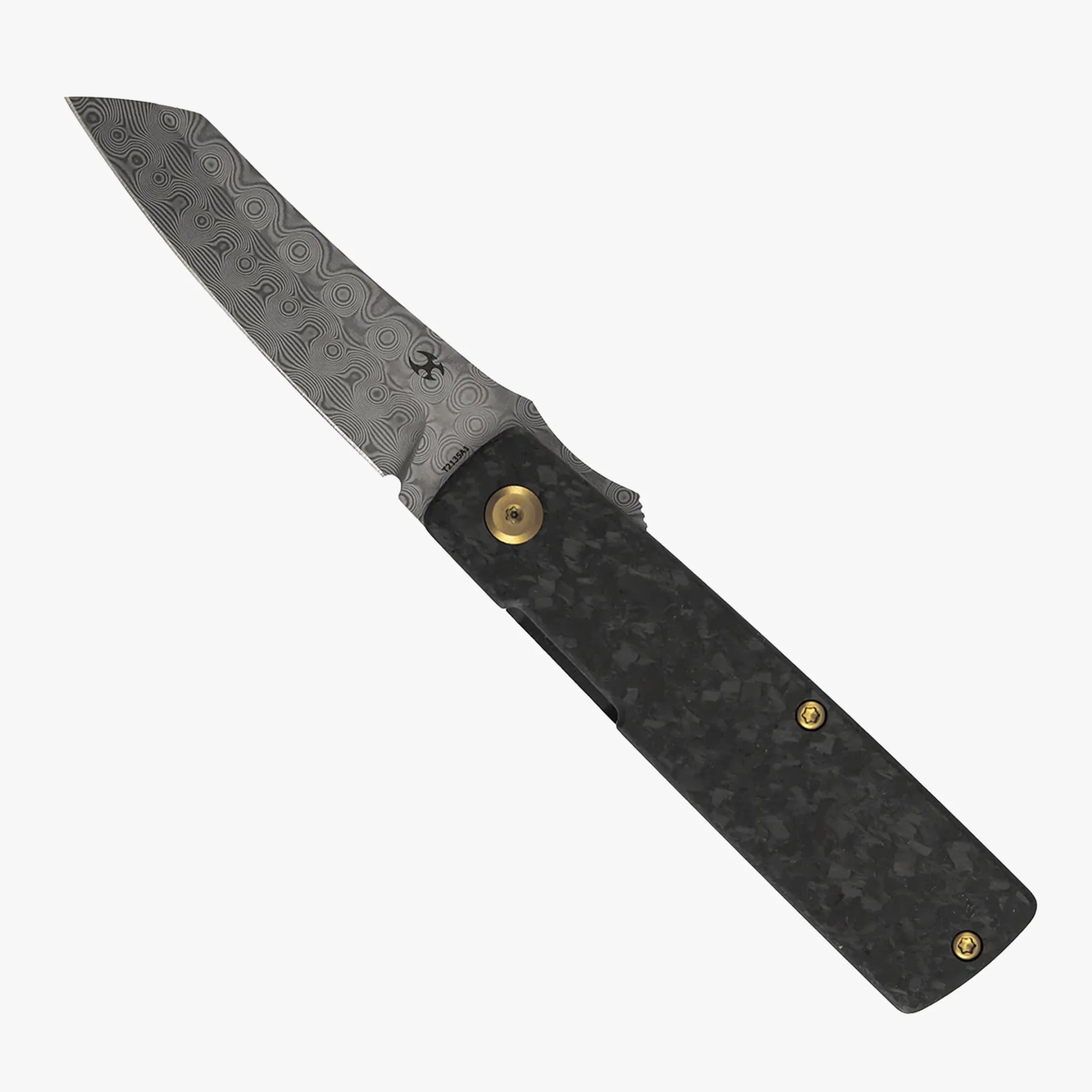 Folding knife with patterned Damascus steel blade and black textured handle with gold screws.