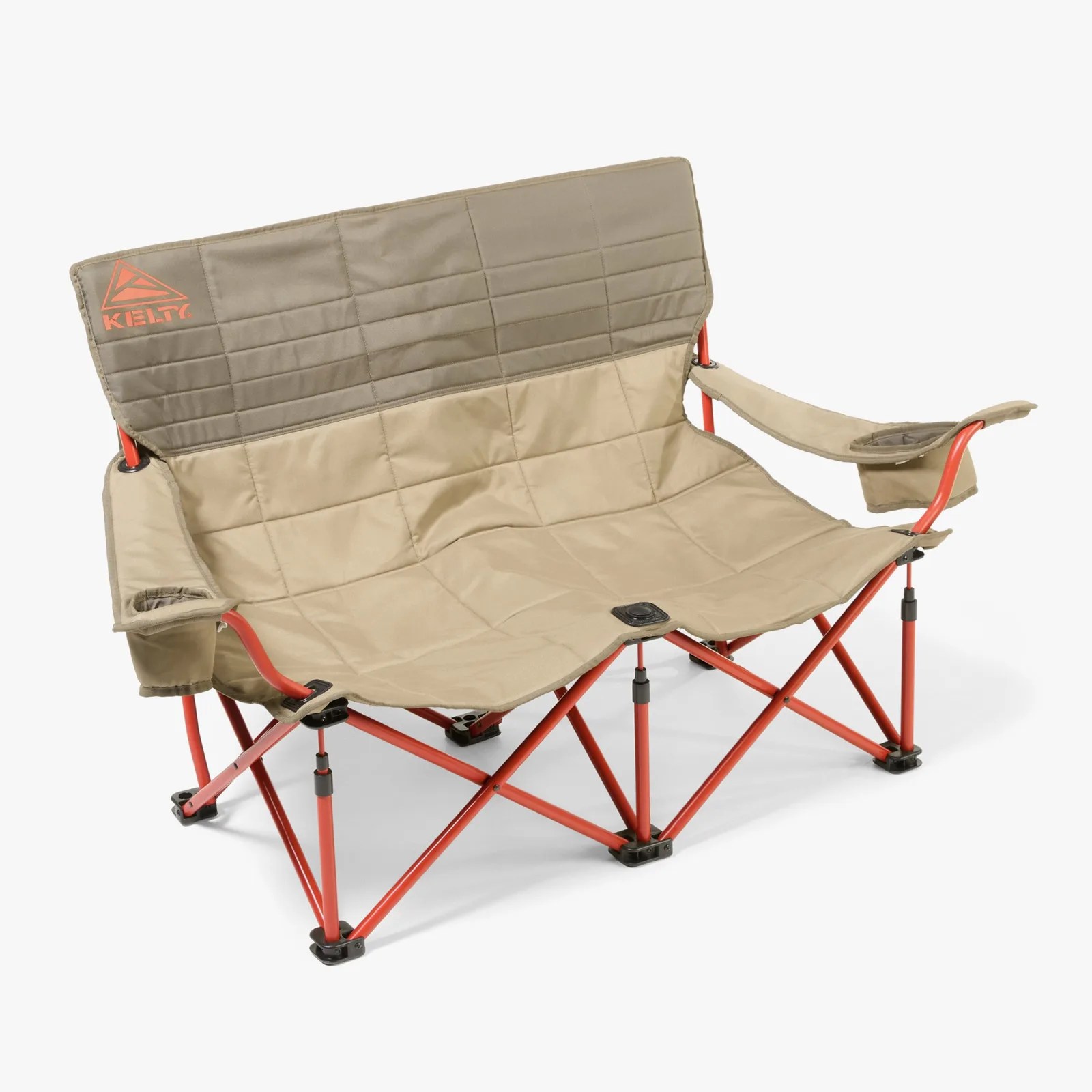 Beige and olive green Kelty double camping chair with red metal frame and armrests.