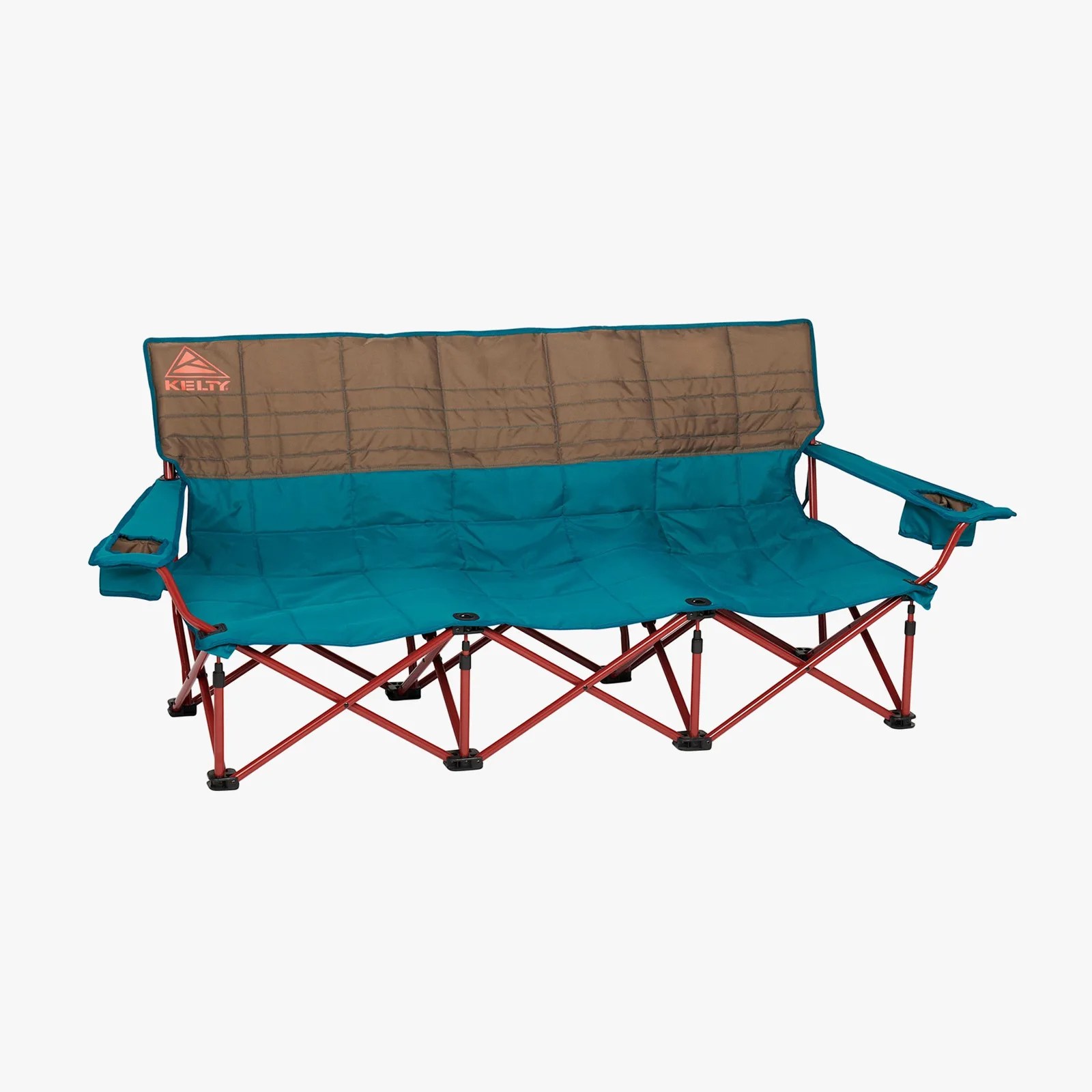 Teal and brown padded outdoor folding bench with red metal frame and cup holders on armrests.