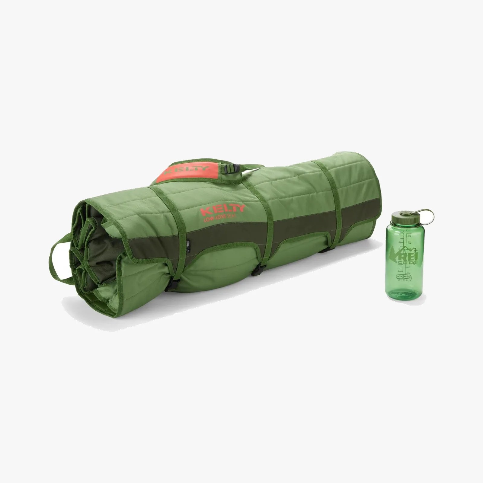Green Kelty Low Low 32 sleeping bag rolled up next to a green REI water bottle.