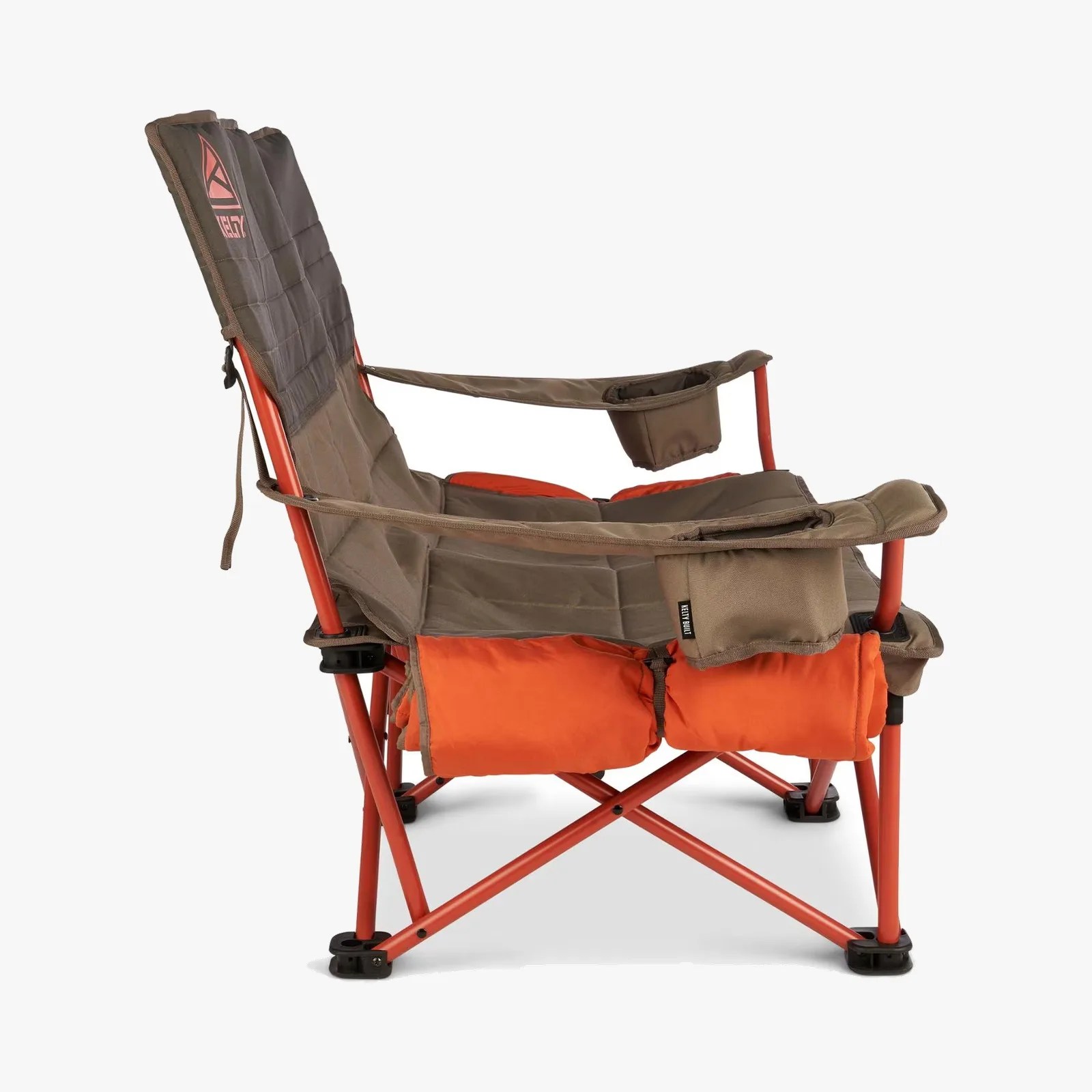 Foldable camping chair with brown fabric seat and backrest, orange padded cushions, and red metal frame.