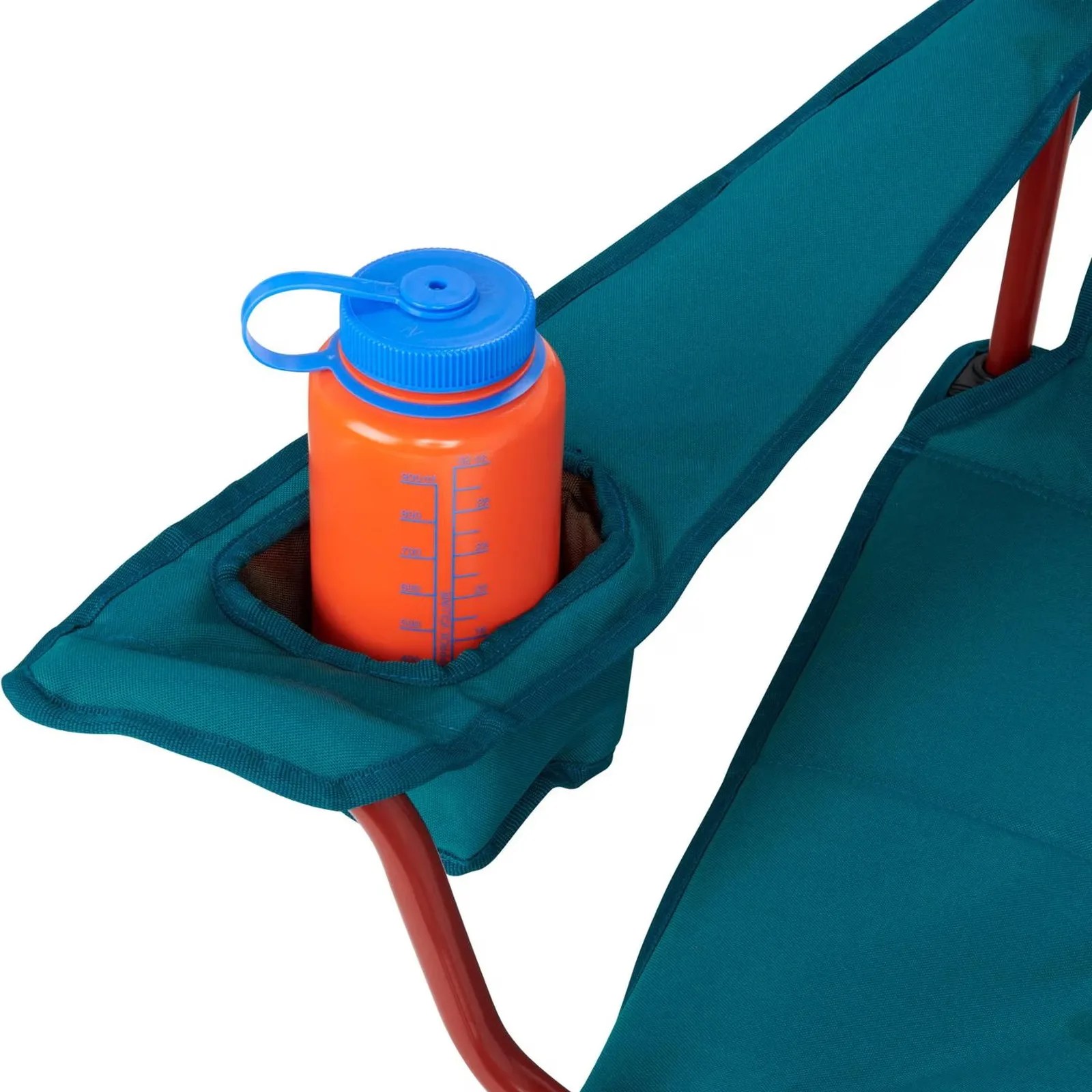 Teal fabric armrest with built-in cup holder holding an orange water bottle with a blue lid.