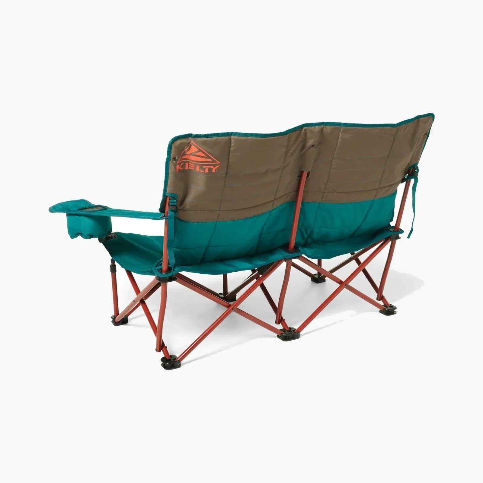 Teal and brown Kelty double camping chair with rust-colored metal frame and cup holder on armrest.
