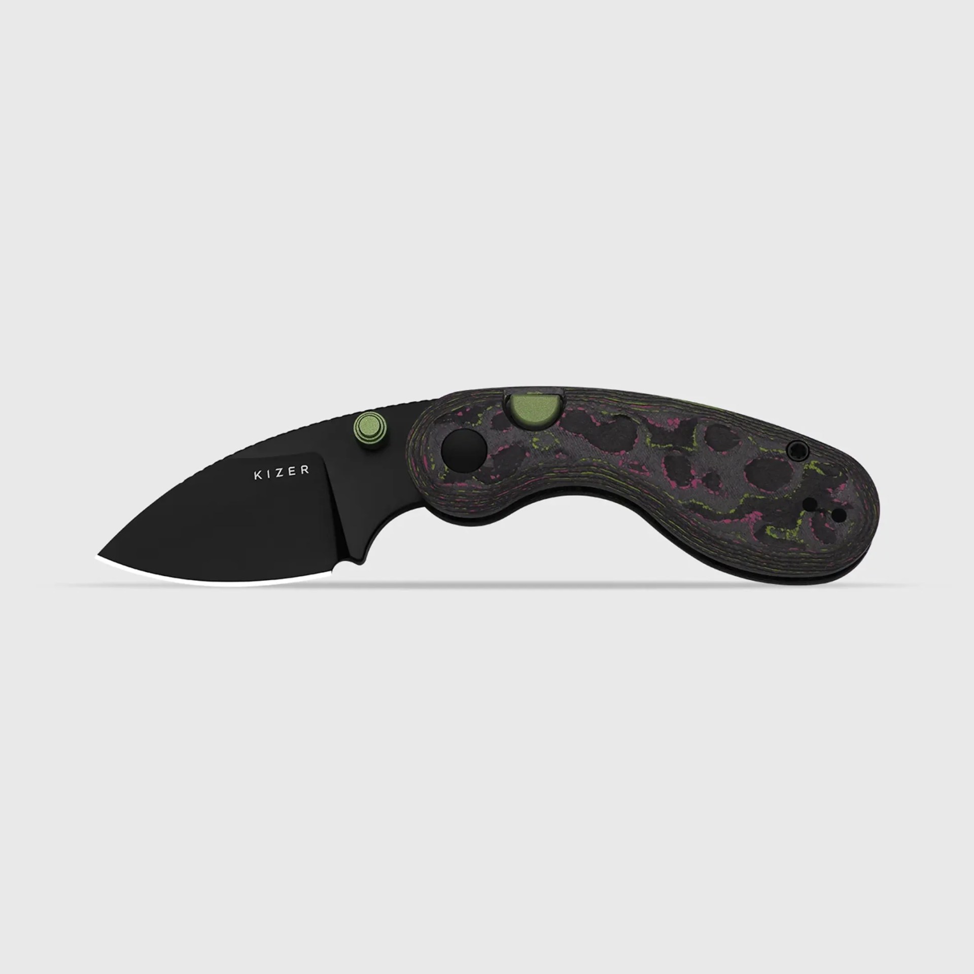 Black Kizer folding knife with textured black, green, and pink handle and green thumb stud and lock button.