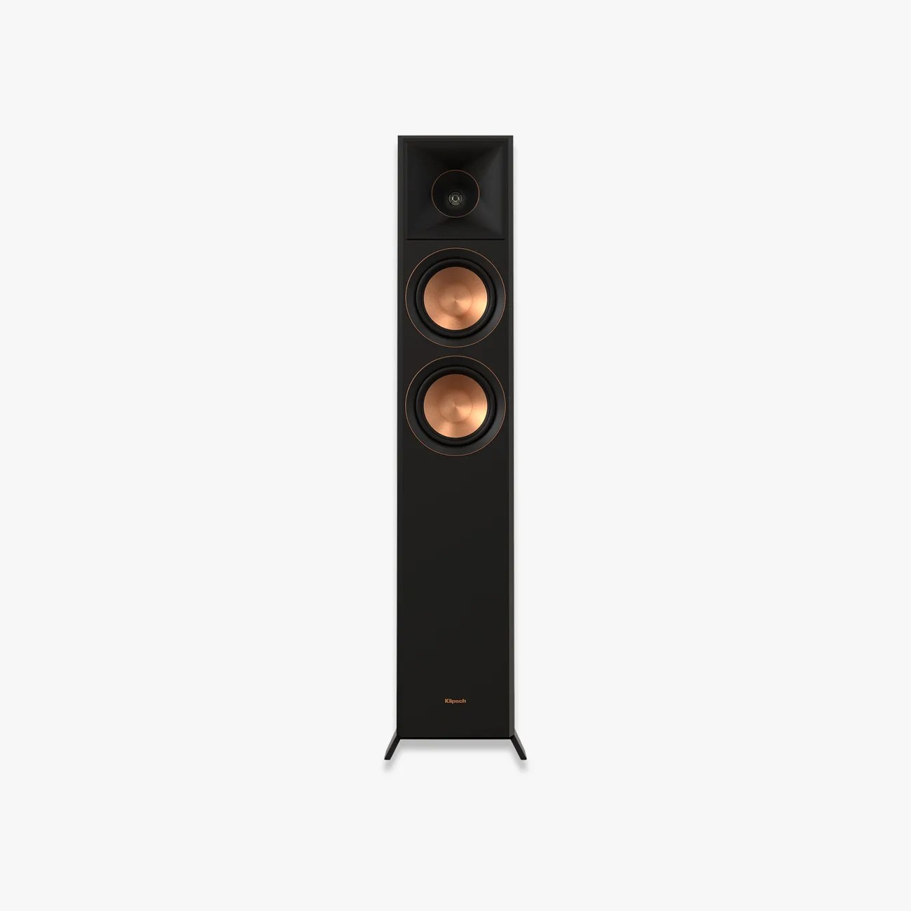 Tall black floor-standing speaker with two copper-colored woofers and a square horn tweeter.