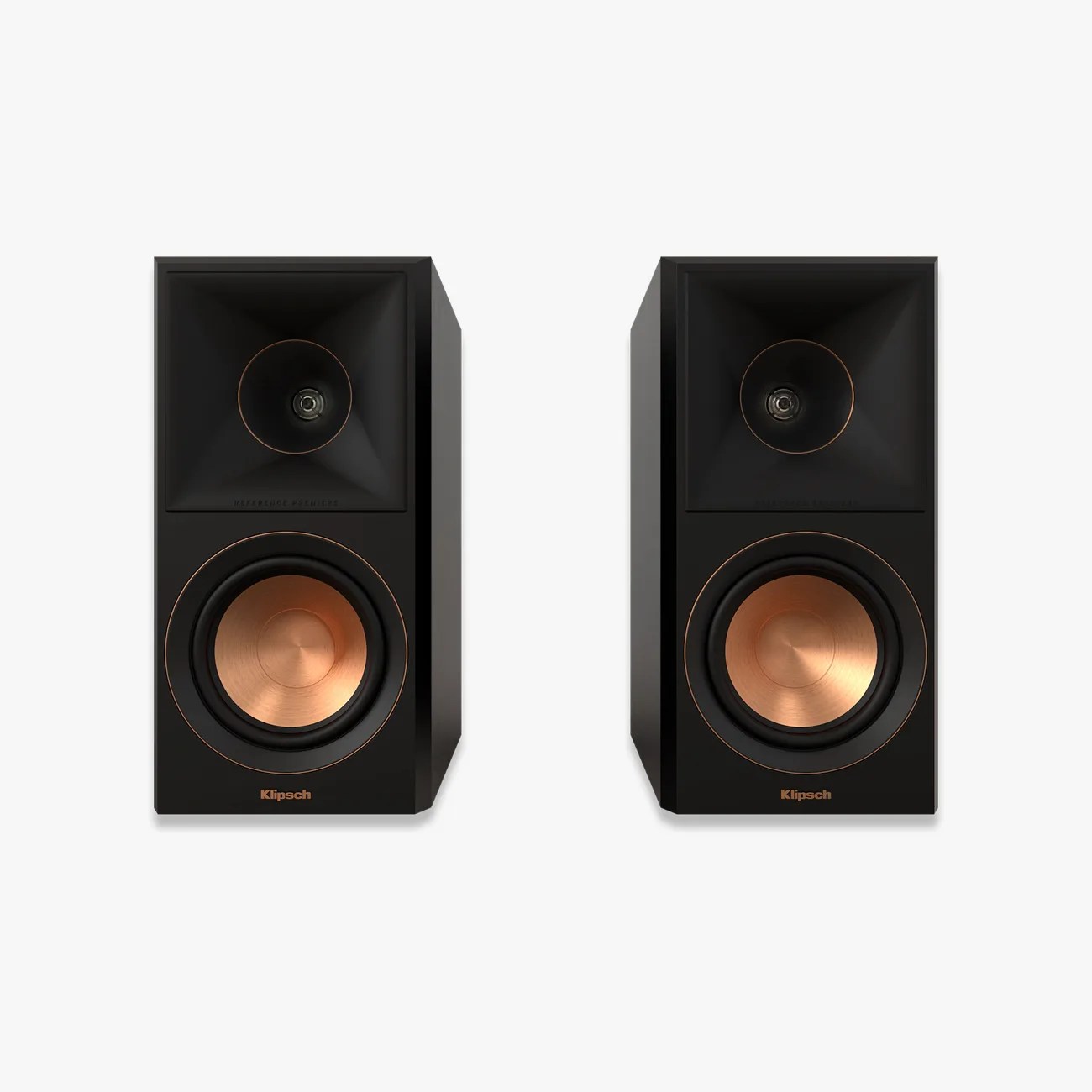 Pair of black Klipsch speakers with copper-colored woofers and square horn tweeters on a white background.