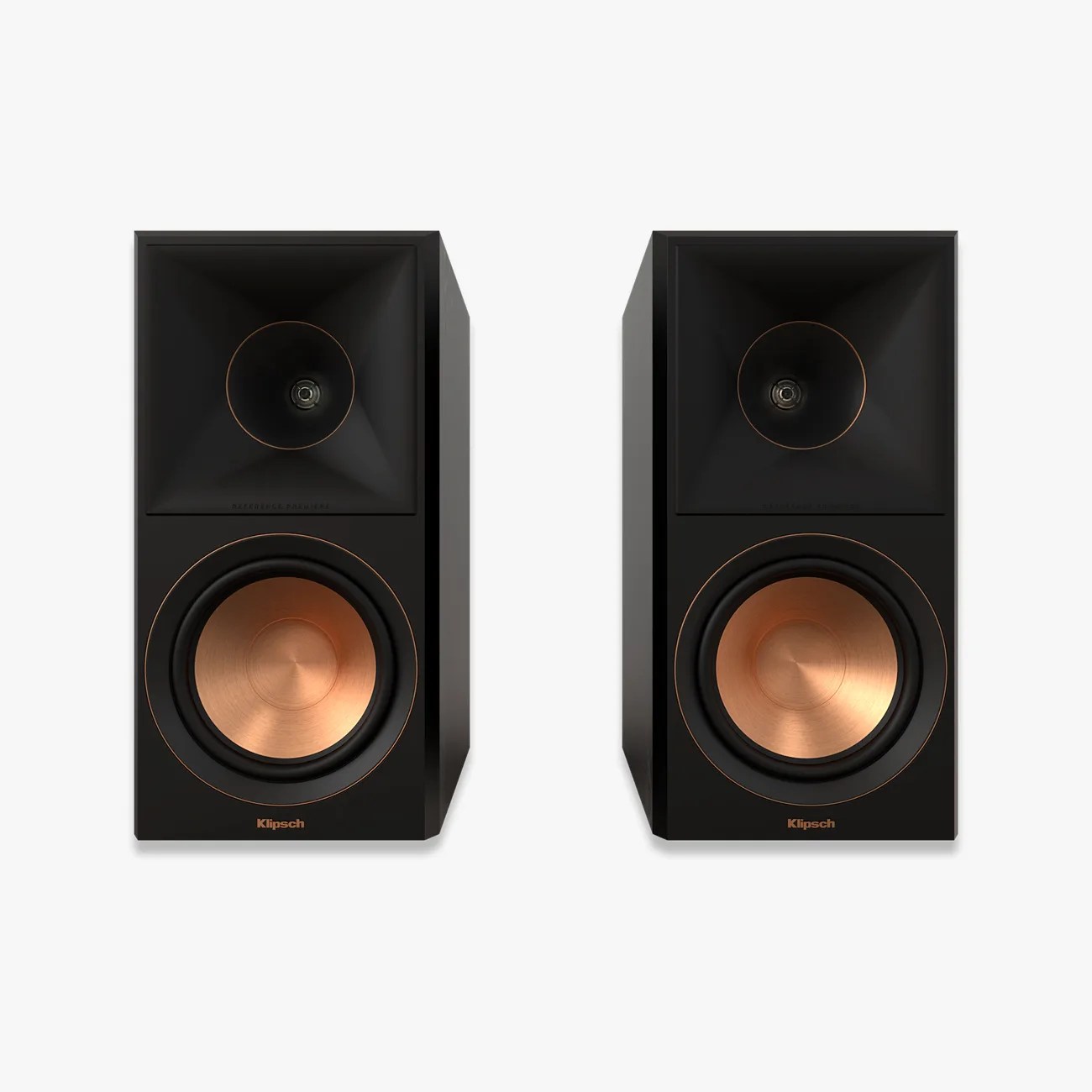 Pair of black Klipsch speakers with copper-colored woofers and square horn tweeters.