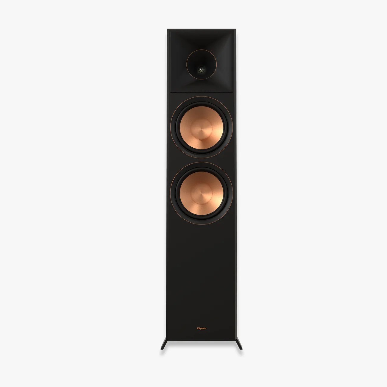 Tall black floor-standing speaker with two copper-colored woofers and a square horn tweeter.