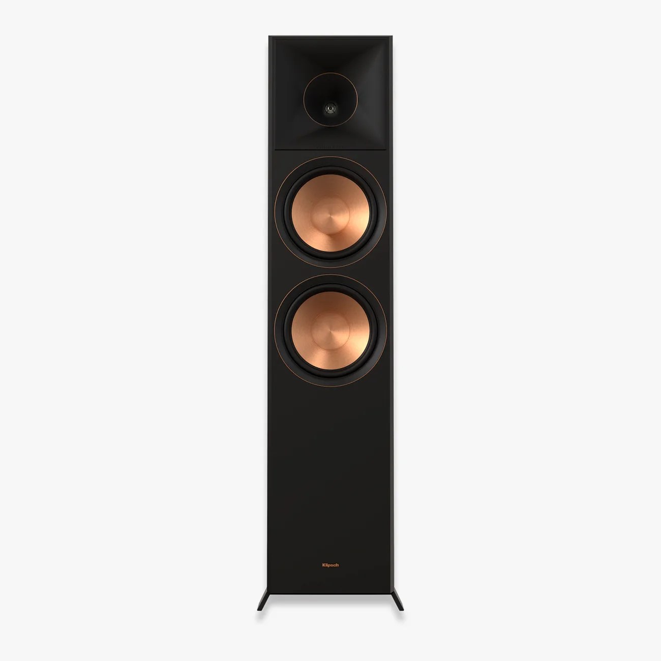 Tall black floor-standing speaker with two large copper-colored woofers and a square horn tweeter.