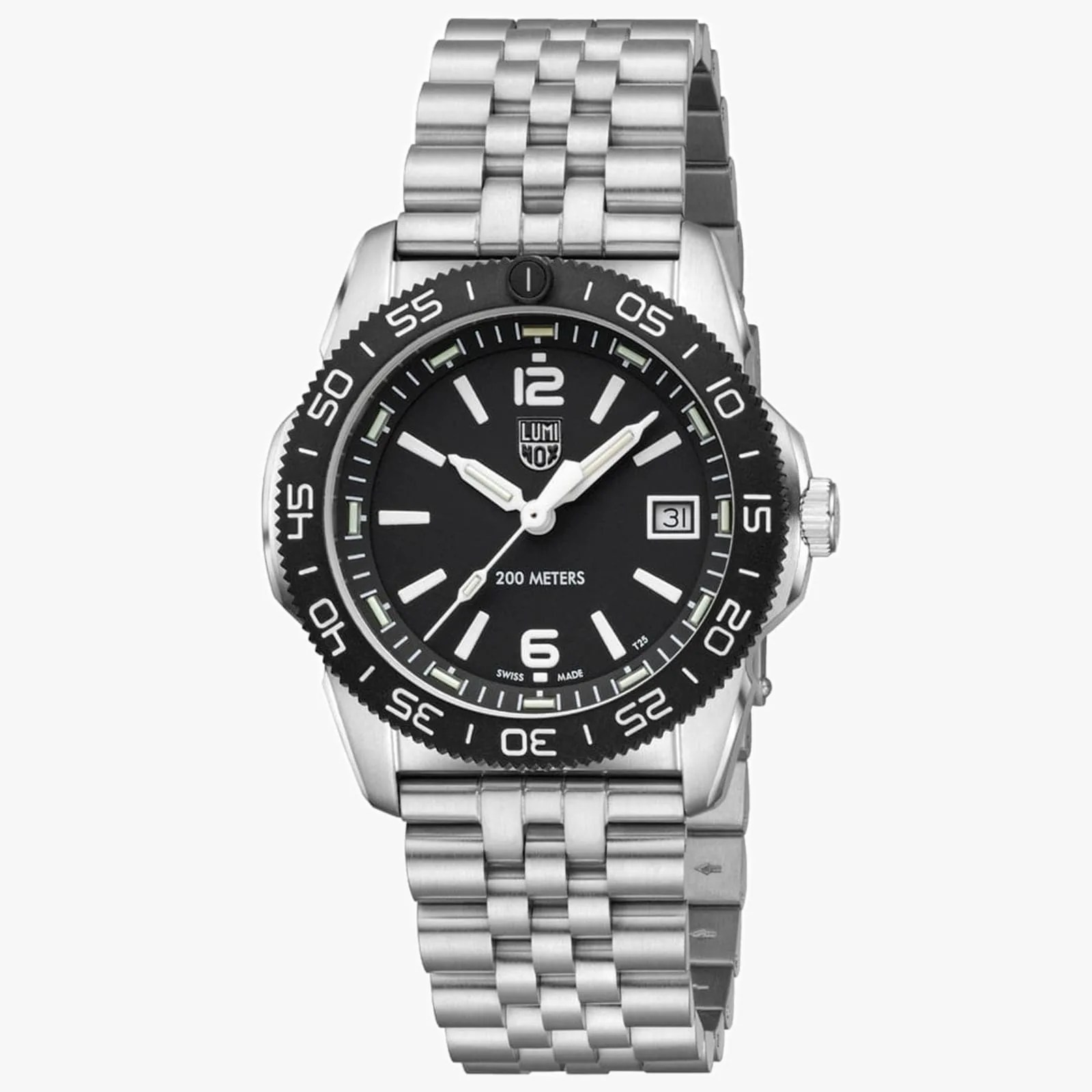 Silver metal link bracelet watch with black dial, white markers, date window, and rotating bezel.