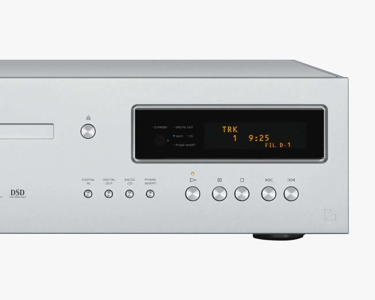 Silver digital audio player with display screen showing track and time, and multiple control buttons on the front panel.