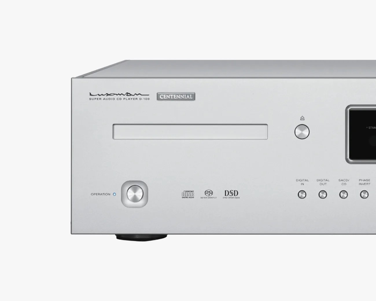 Silver Luxman Centennial Super Audio CD player with buttons and disc slot on front panel.