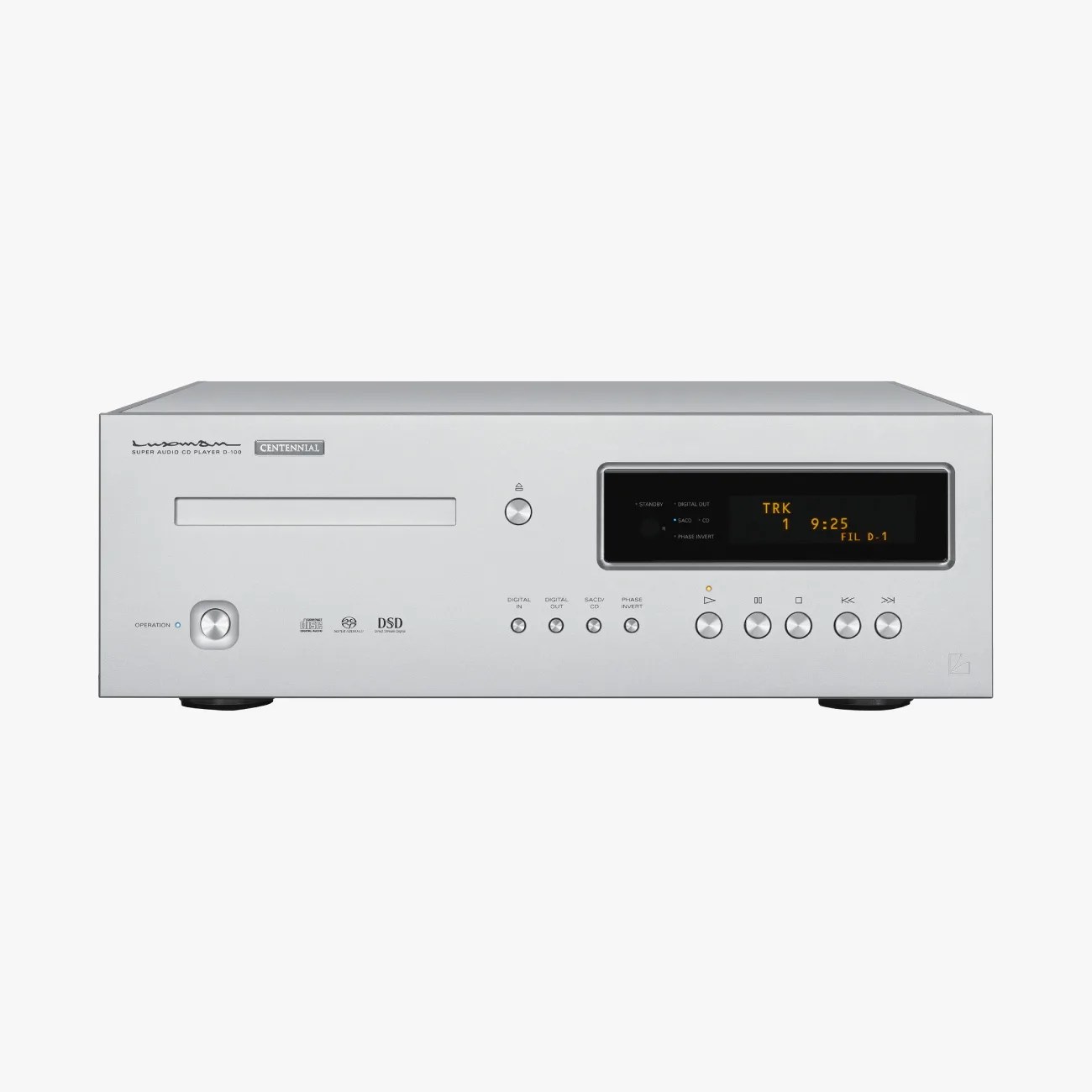 Silver Luxman Centennial Super Audio CD player with digital display and control buttons on front panel.