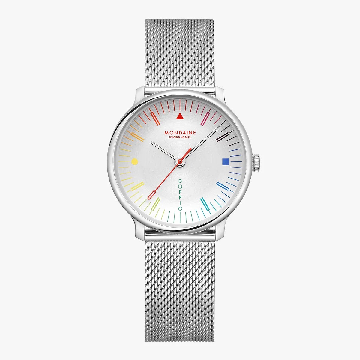 Silver mesh strap wristwatch with a silver dial featuring multicolored hour markers and red second hand.