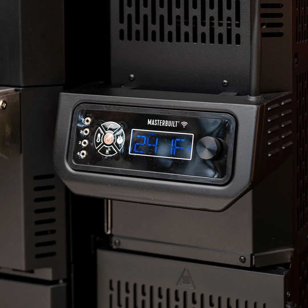 Close-up of a black Masterbuilt digital control panel displaying 241&deg;F on a smoker or grill.