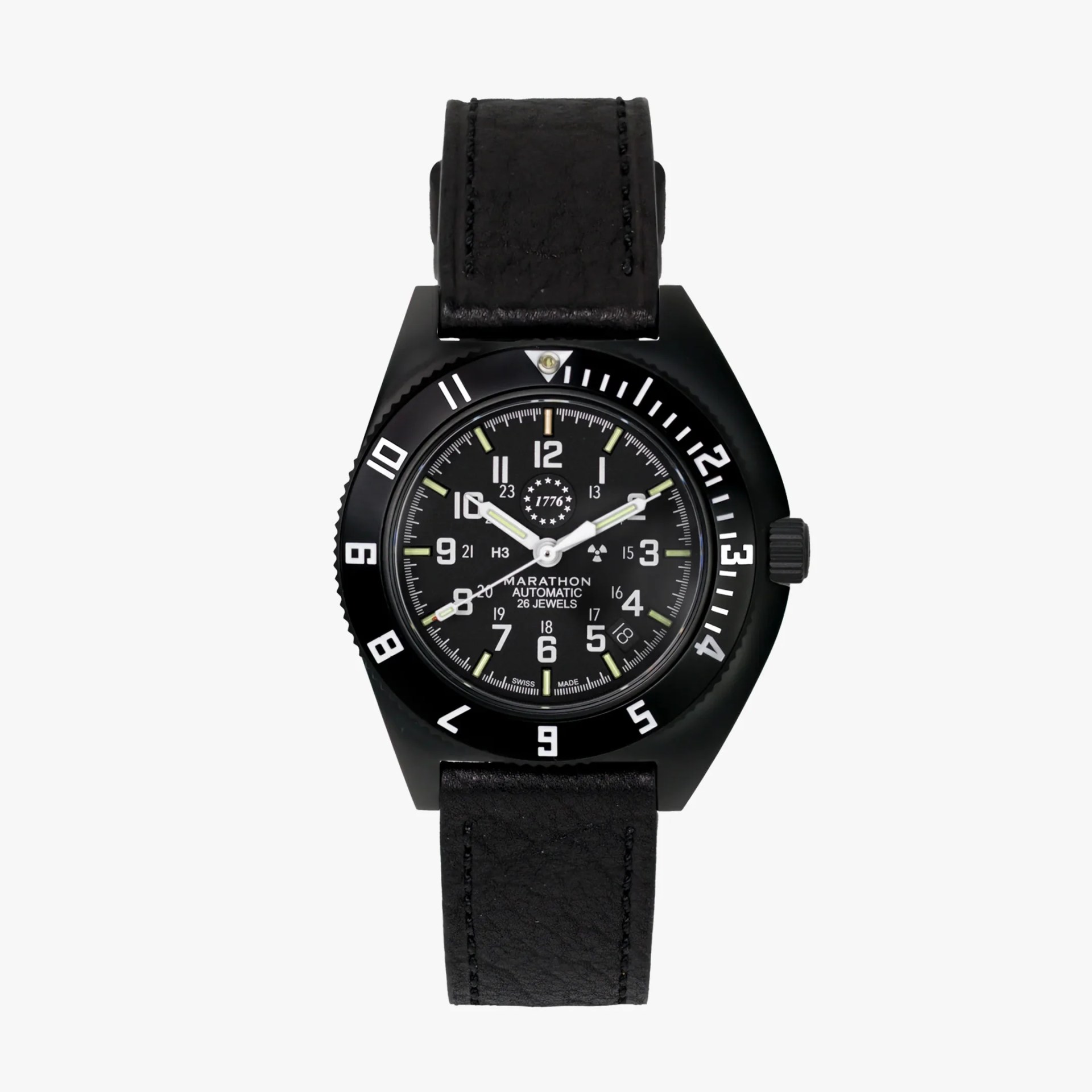 Black Marathon automatic wristwatch with white numerals, luminous hands, and black leather strap.