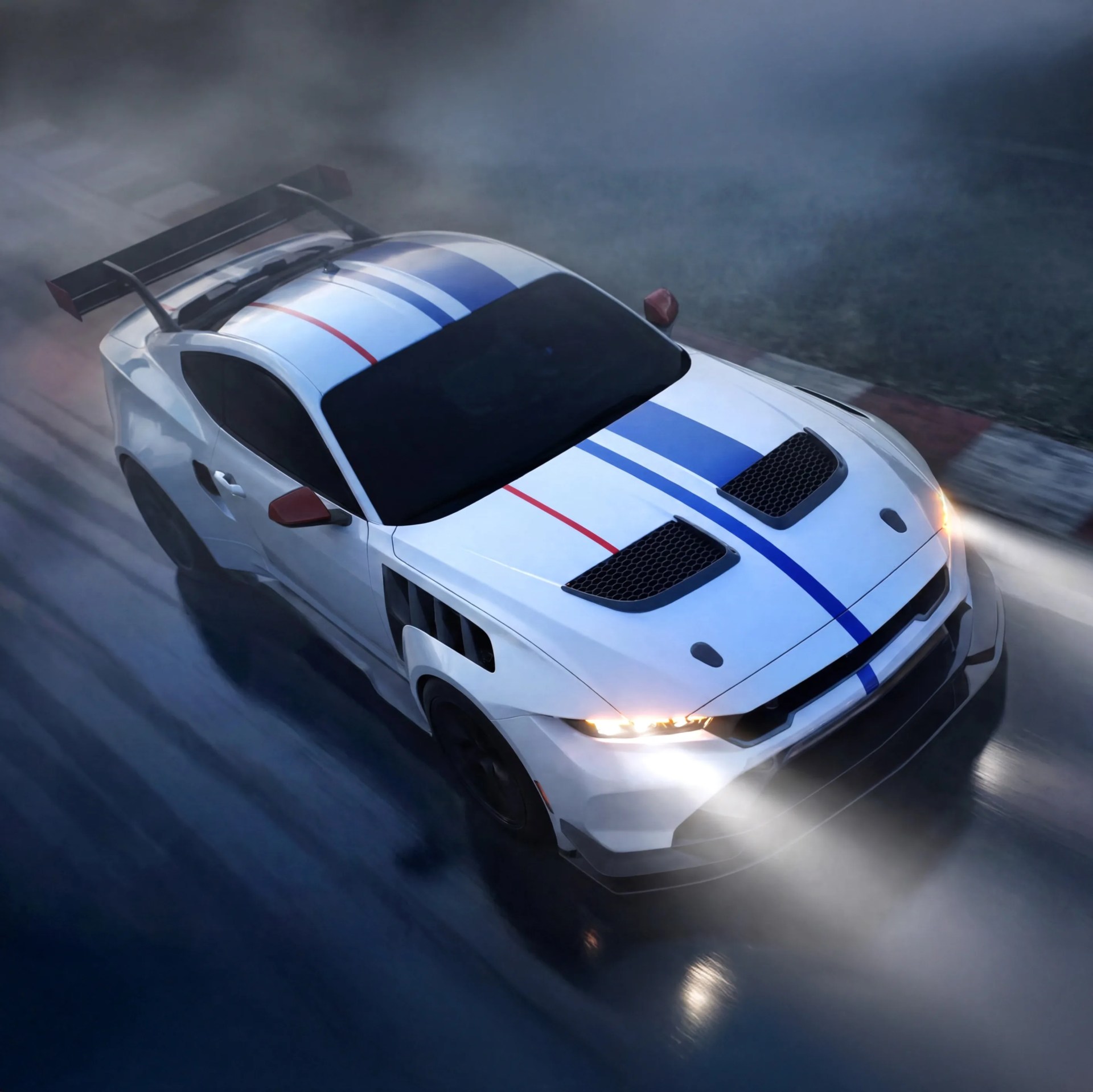 White sports car with blue and red racing stripes drifting on a wet track with headlights on.