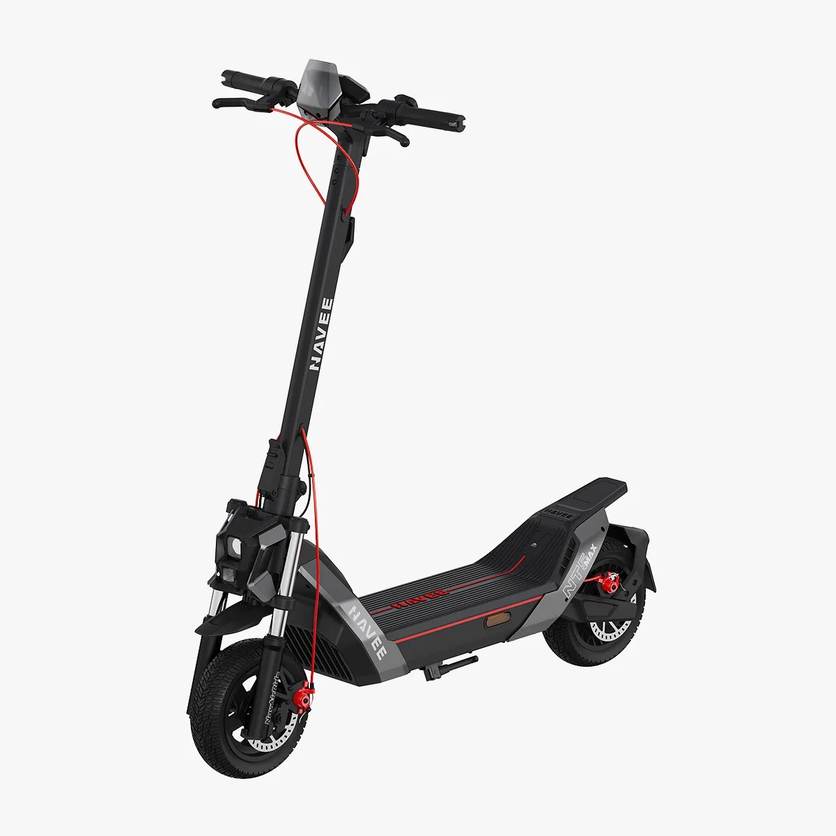 Black and gray electric scooter with red brake cables and thick tires, labeled "NAVEE" and "NTEMAX.