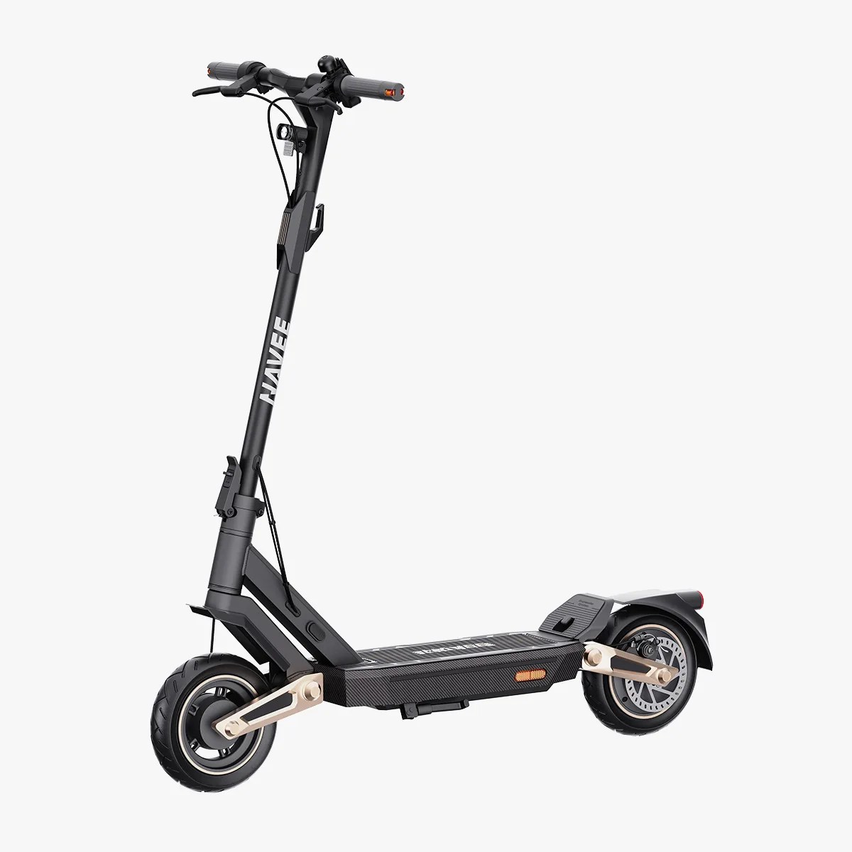 Black electric scooter with gold suspension arms and "NAVEE" logo on the stem against a white background.