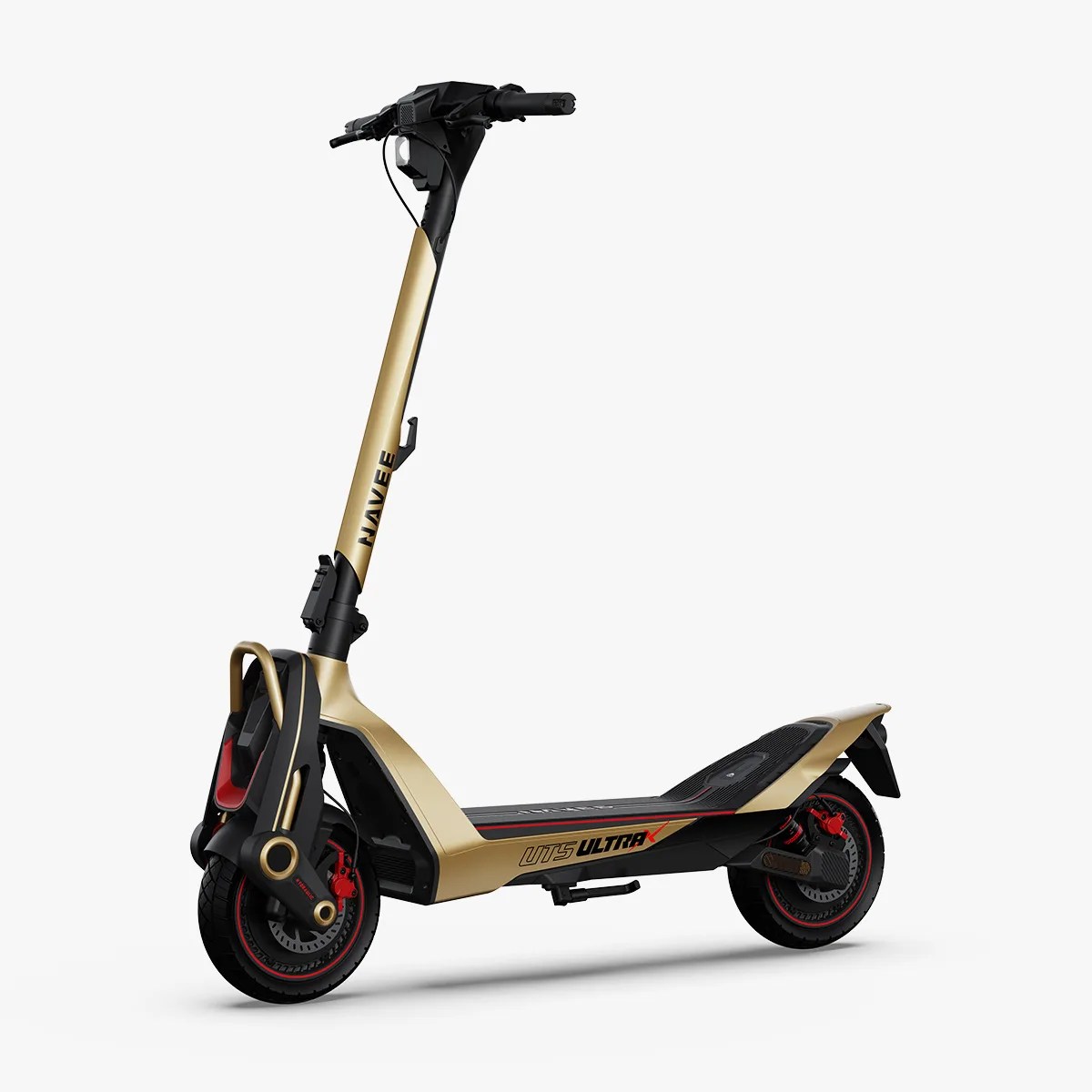 Gold and black electric scooter with red accents and "NAVEE" and "UTS ULTRA X" branding.