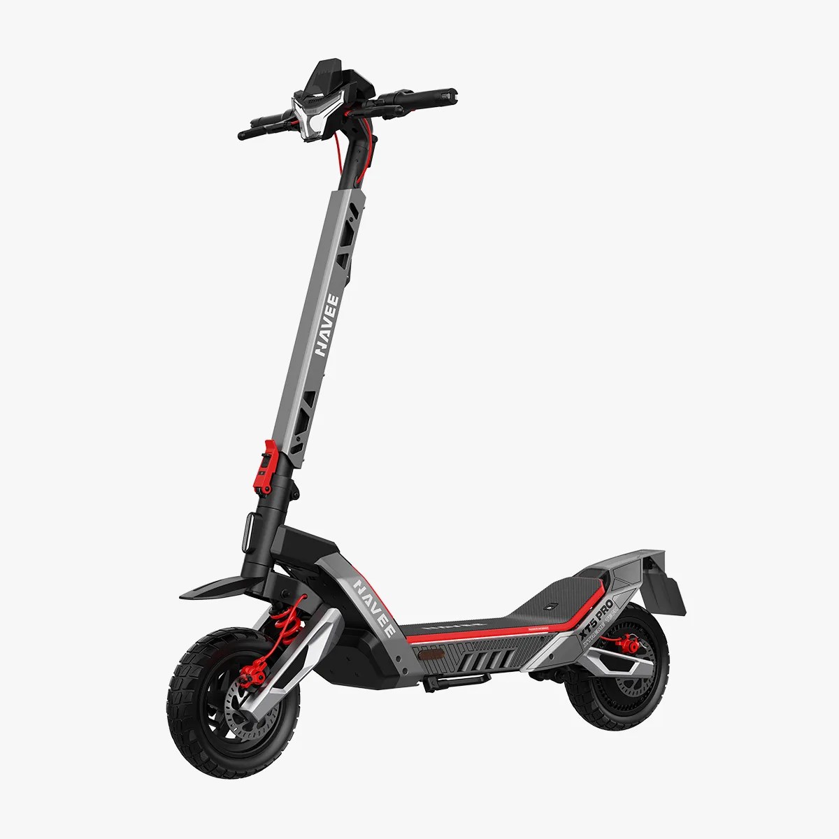 Gray and black electric scooter with red accents and thick tires, labeled "NAVEE" and "XT5 PRO.
