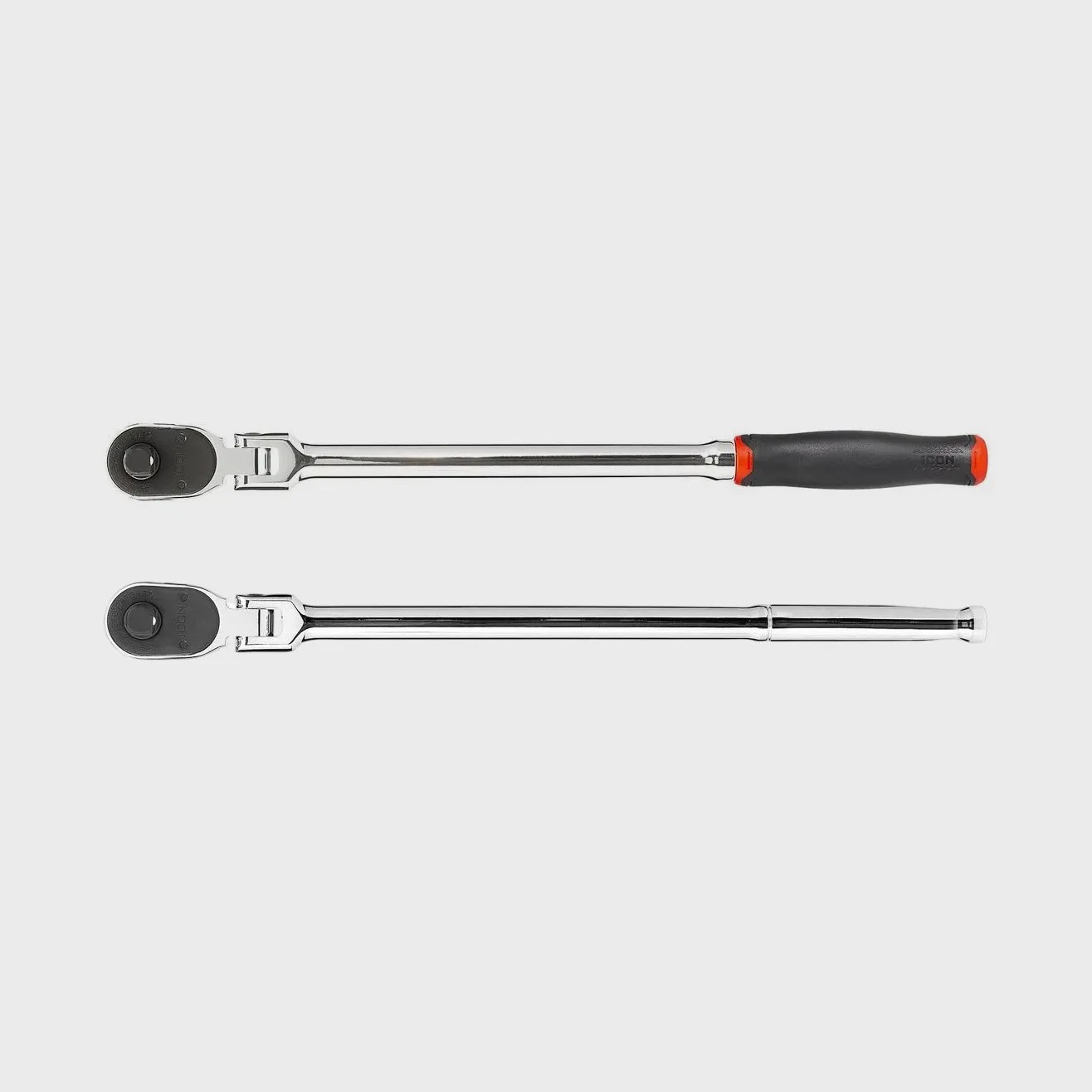Two chrome ratchet wrenches with black heads, one with a black and red handle, on a white background.