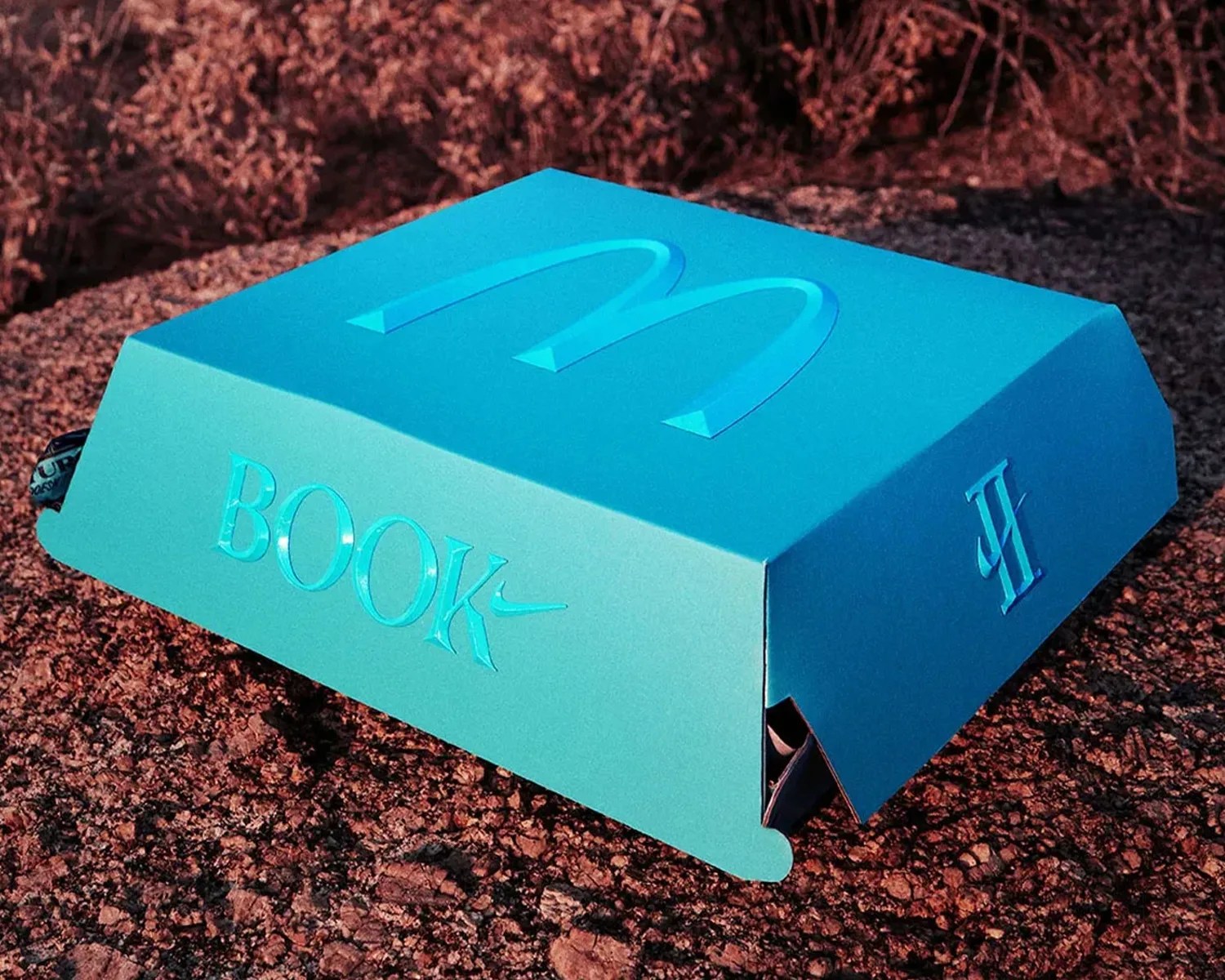 Blue McDonald's-style box with embossed "BOOK" and Nike swoosh logo on a rocky surface.