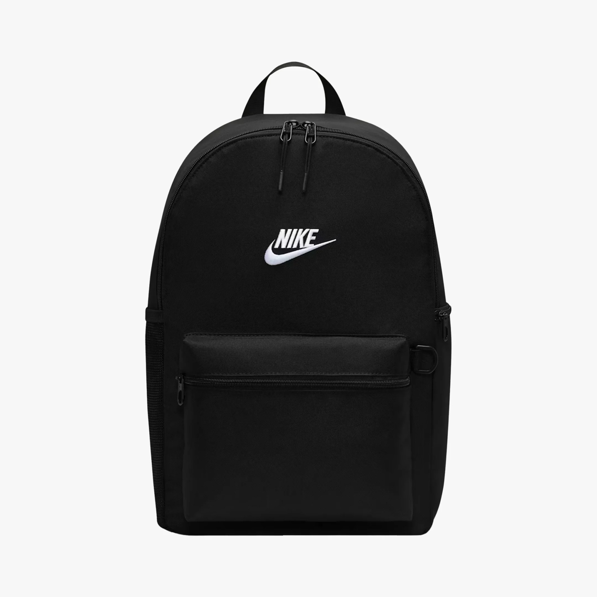 Black Nike backpack with white logo, front zippered pocket, and top handle.