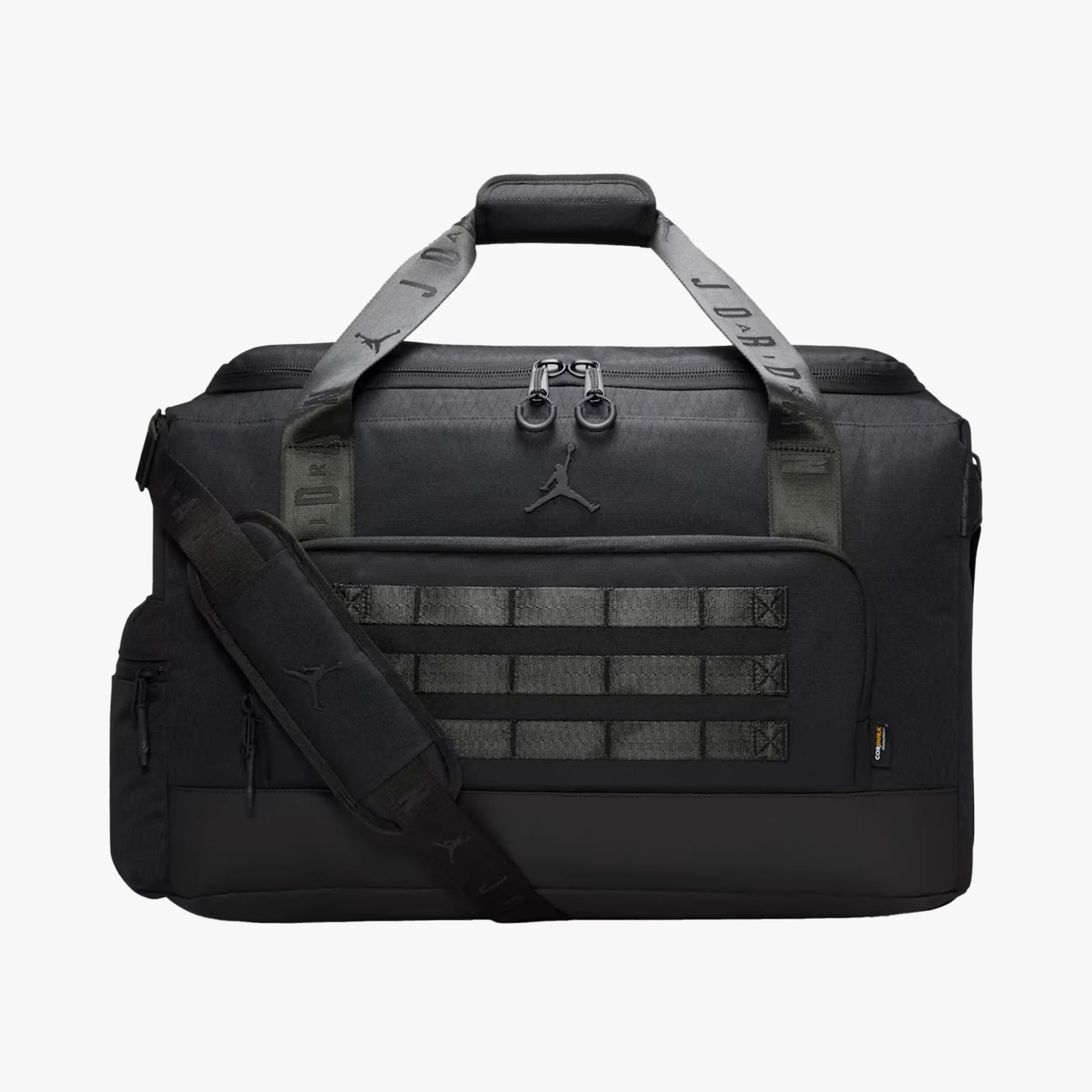 Black Jordan duffel bag with padded handles, adjustable shoulder strap, and front MOLLE webbing panel.