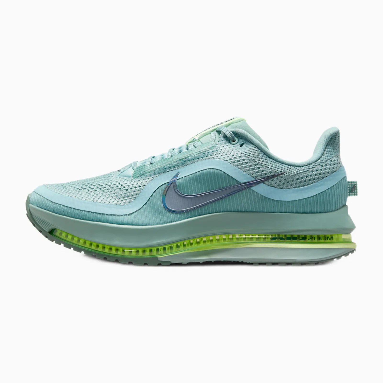 Light blue Nike running shoe with mesh upper and visible green air cushion sole.