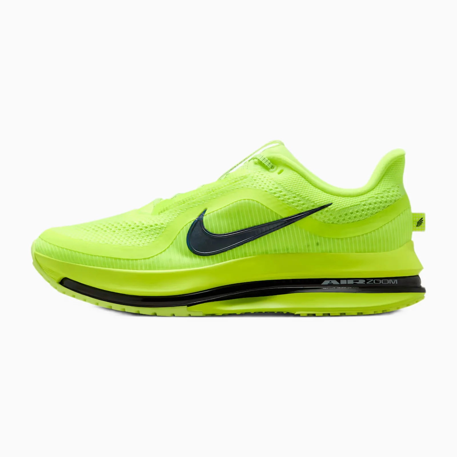 Neon yellow Nike Air Zoom running shoe with black swoosh and black midsole detail.