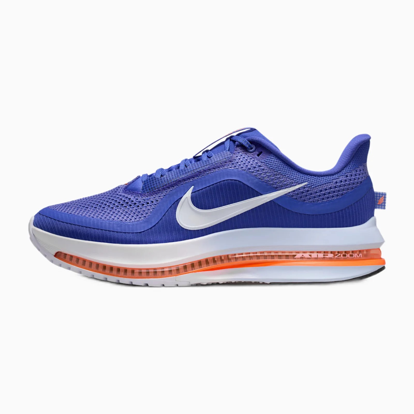 Blue Nike Air Zoom running shoe with white swoosh and orange air cushion sole.