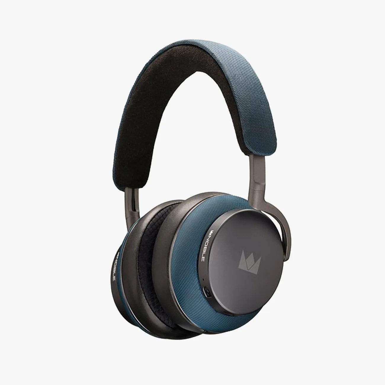 Over-ear wireless headphones with blue fabric ear cushions and headband, and black matte ear cups.