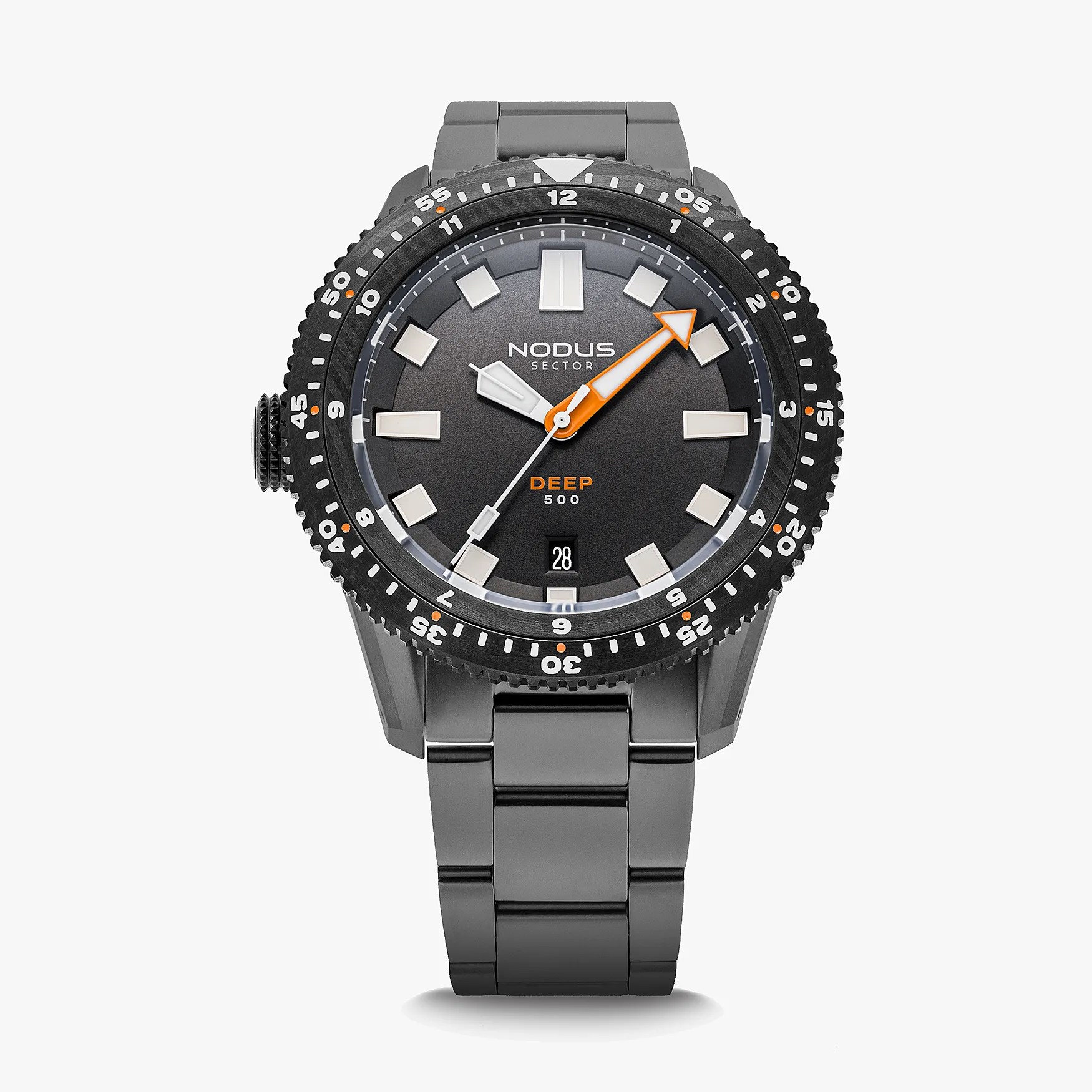 Black Nodus Sector Deep 500 dive watch with orange-accented hands and stainless steel bracelet.