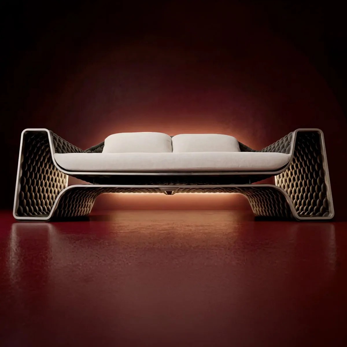 Modern sofa with curved wooden frame and textured dark sides, featuring light beige cushions, set against a dark red background.