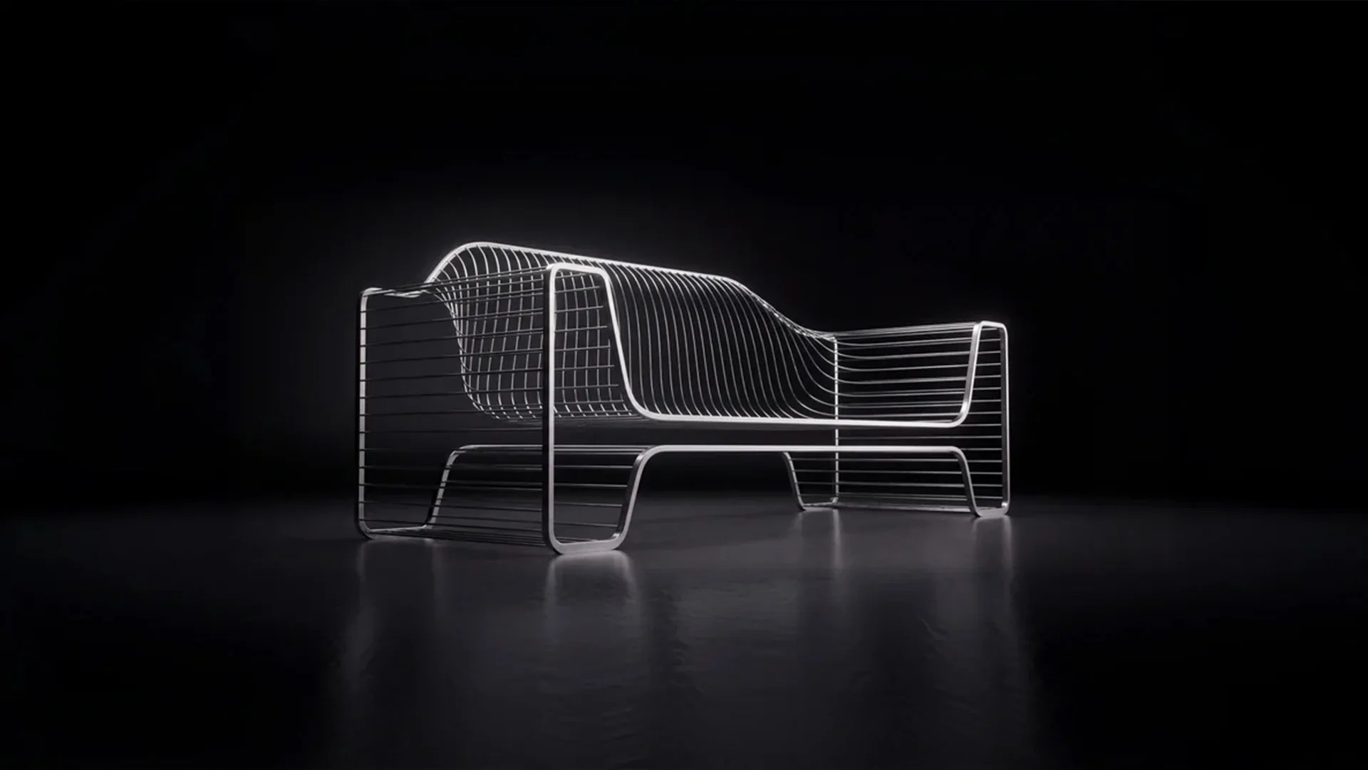 Modern minimalist bench made of white metal rods with a wavy backrest design on a dark reflective floor.